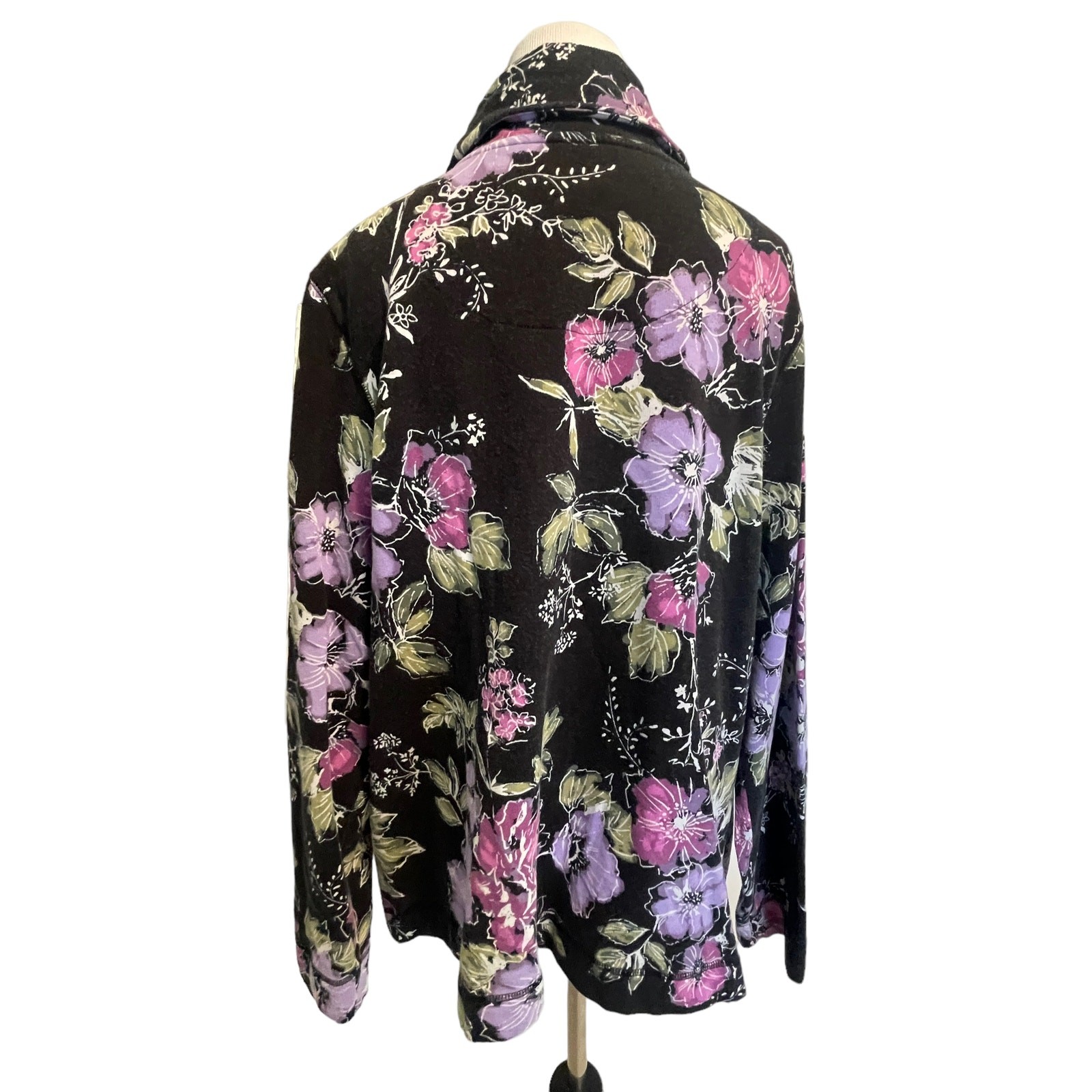 Denim & Co Floral Knit Top Womens Large Black Multicolor Shawl Collar Cotton