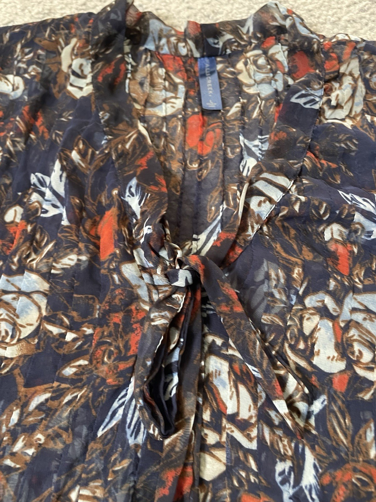 Falls Creek Pleated Floral Blouse Sz L Beige Red Sheer Front Tie 3/4 Sleeve Boho