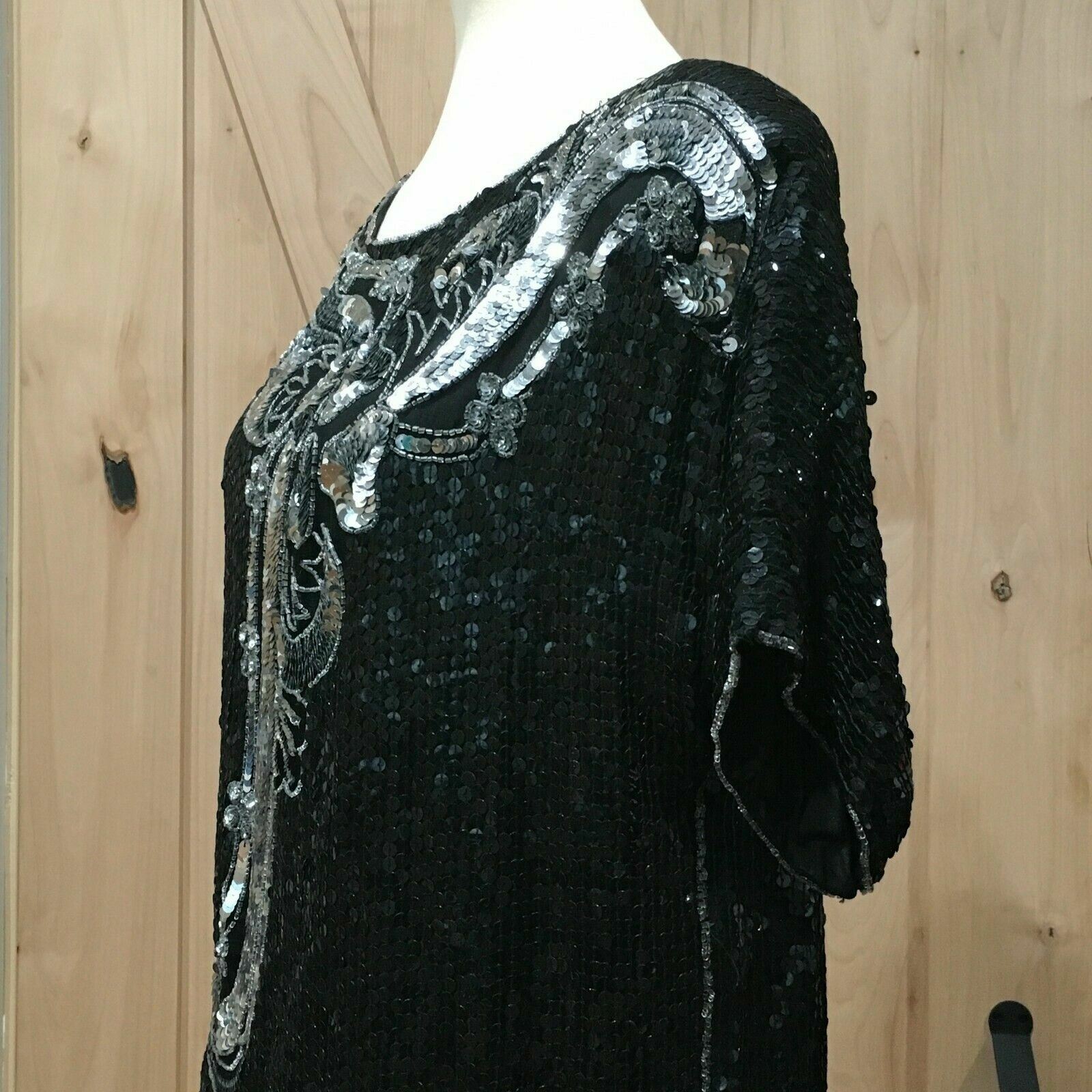 Vintage JEAN for JOSEPH LE BON Silk Black Sequined Floral Top Large Glam