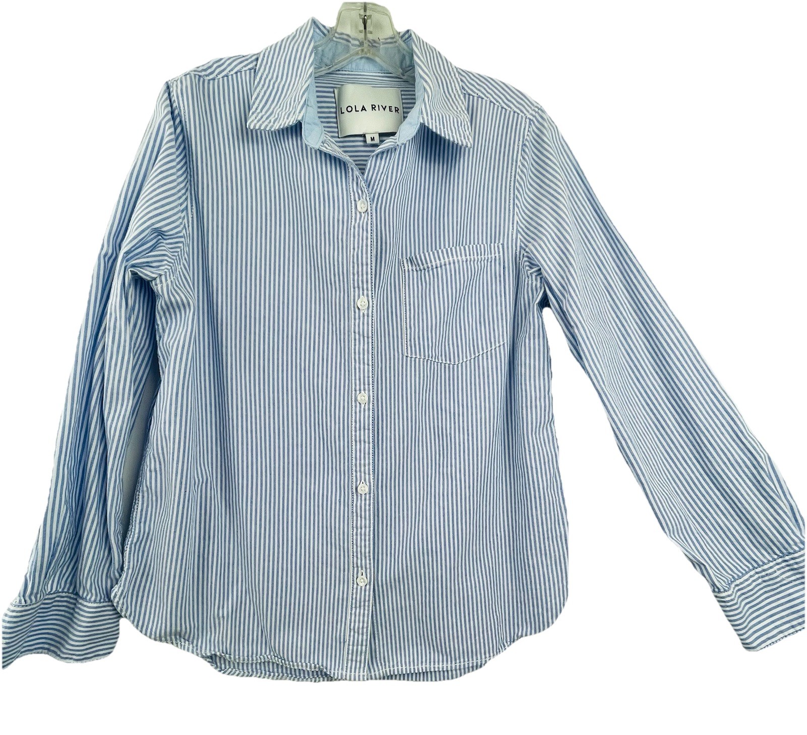 Lola River Shirt Womens M Cotton Blue White Striped Button Up Long Sleeve Collar