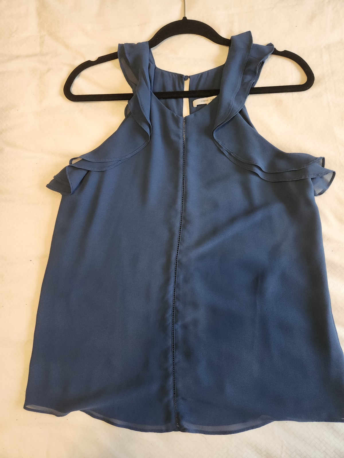 Naked Zebra Slate Blue Ruffle Sleeve Tank Top Ladder Cutout Detail Medium