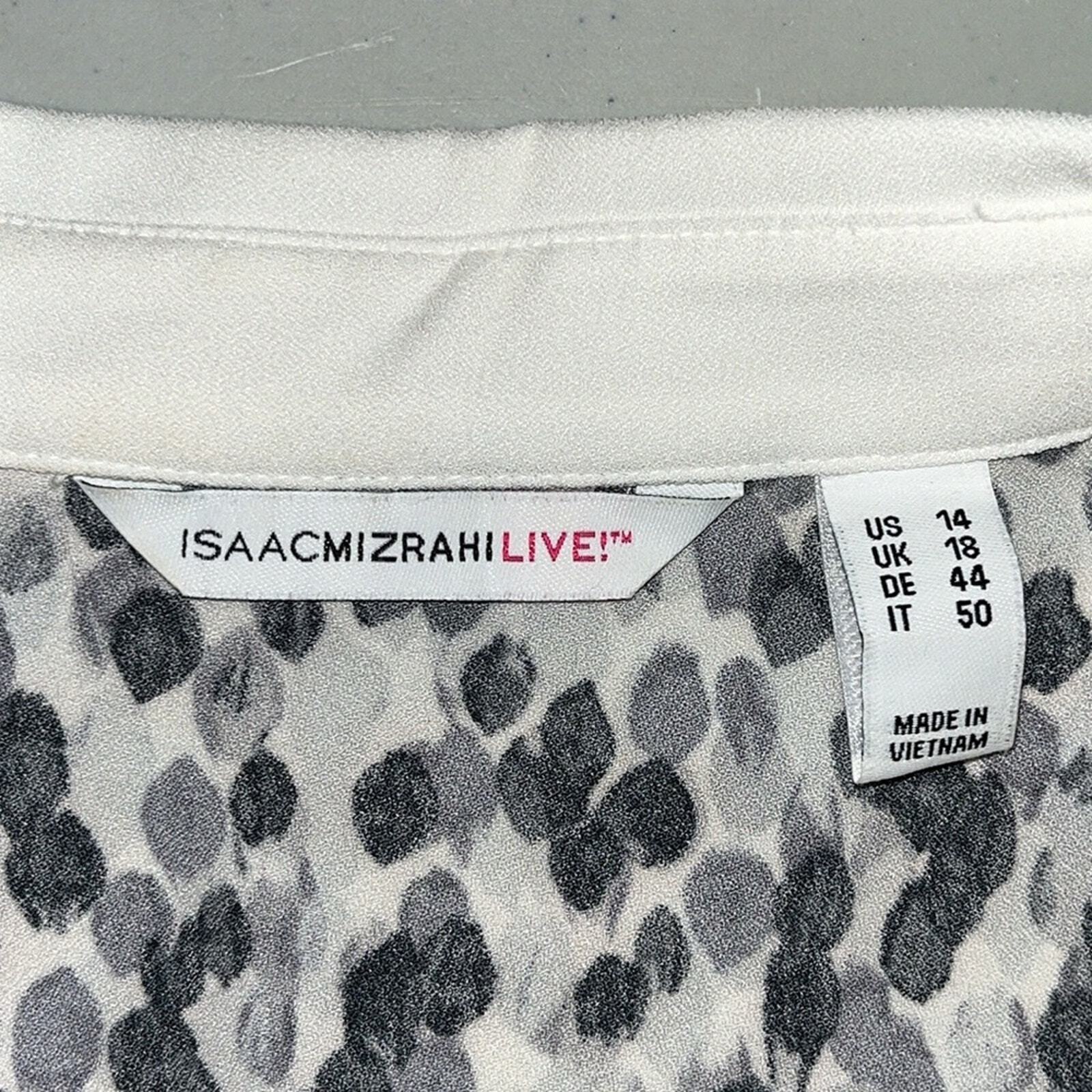Isaac Mizrahi Live! 14 White – Black & Gray Printed Button Up Peplum Blouse Top