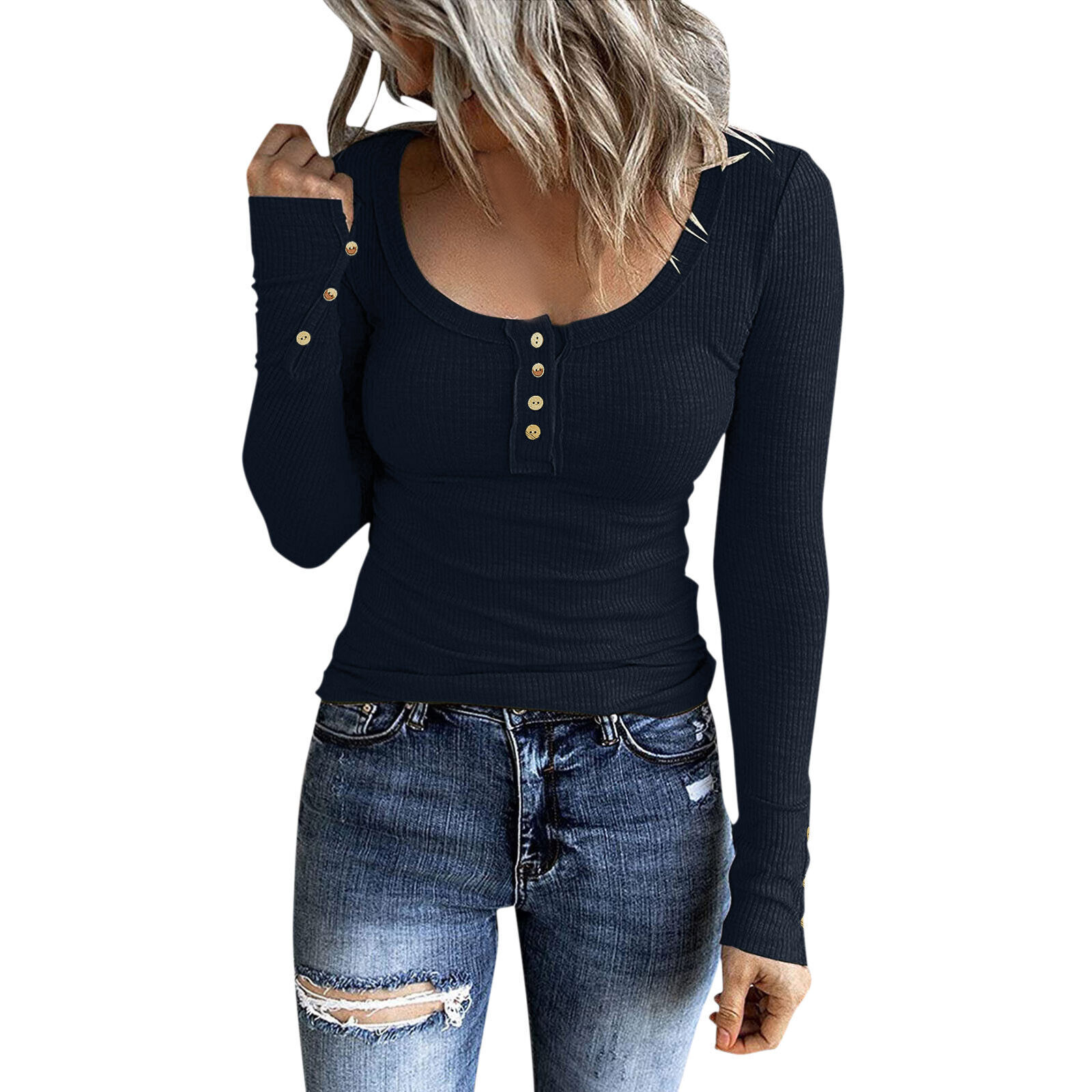 Lady Long Sleeve Henley T Shirt Button Slim Fit Top Scoop Neck Ribbed Knit Shirt