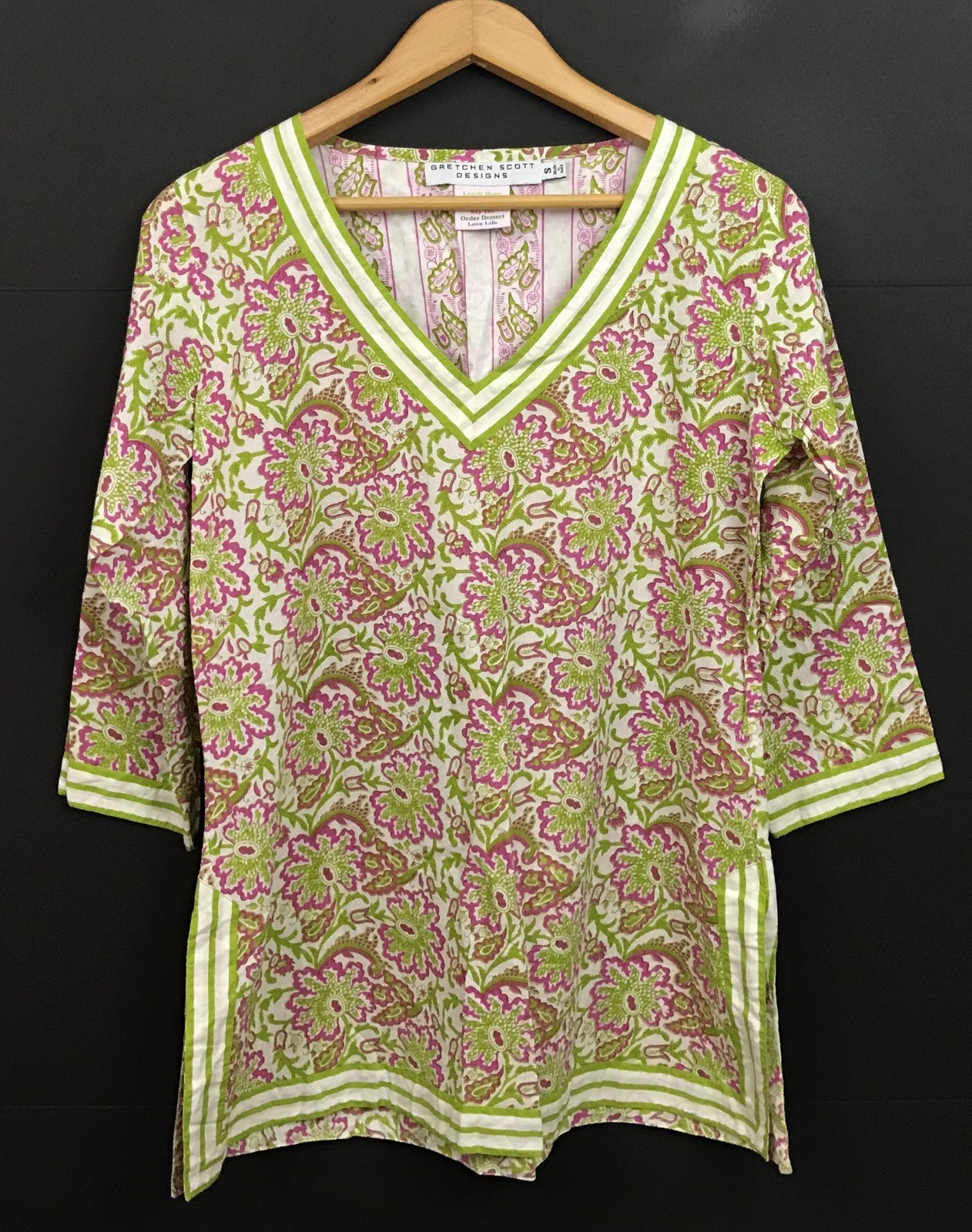 Gretchen Scott Green Paisley Print Cotton Tunic Top 3/4 Sleeve Size S