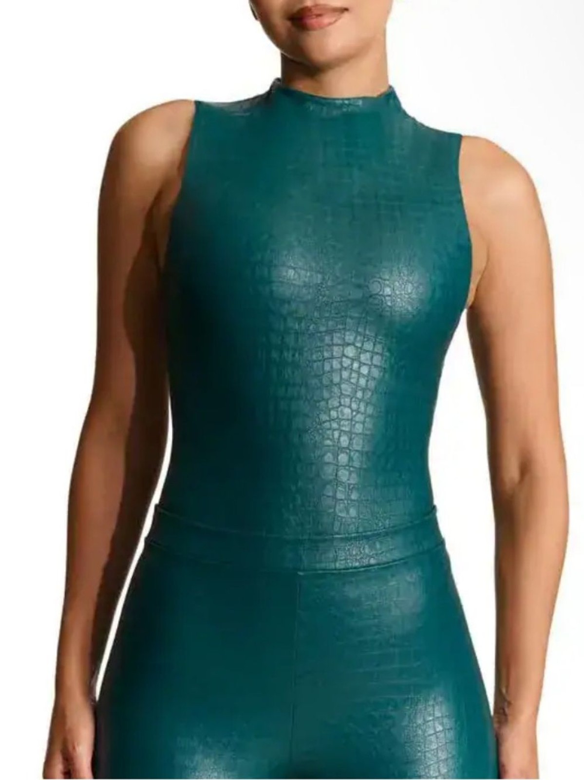 Naked Wardrobe Teal Croc Embossed Faux Leather Sleeveless Turtleneck Bodysuit
