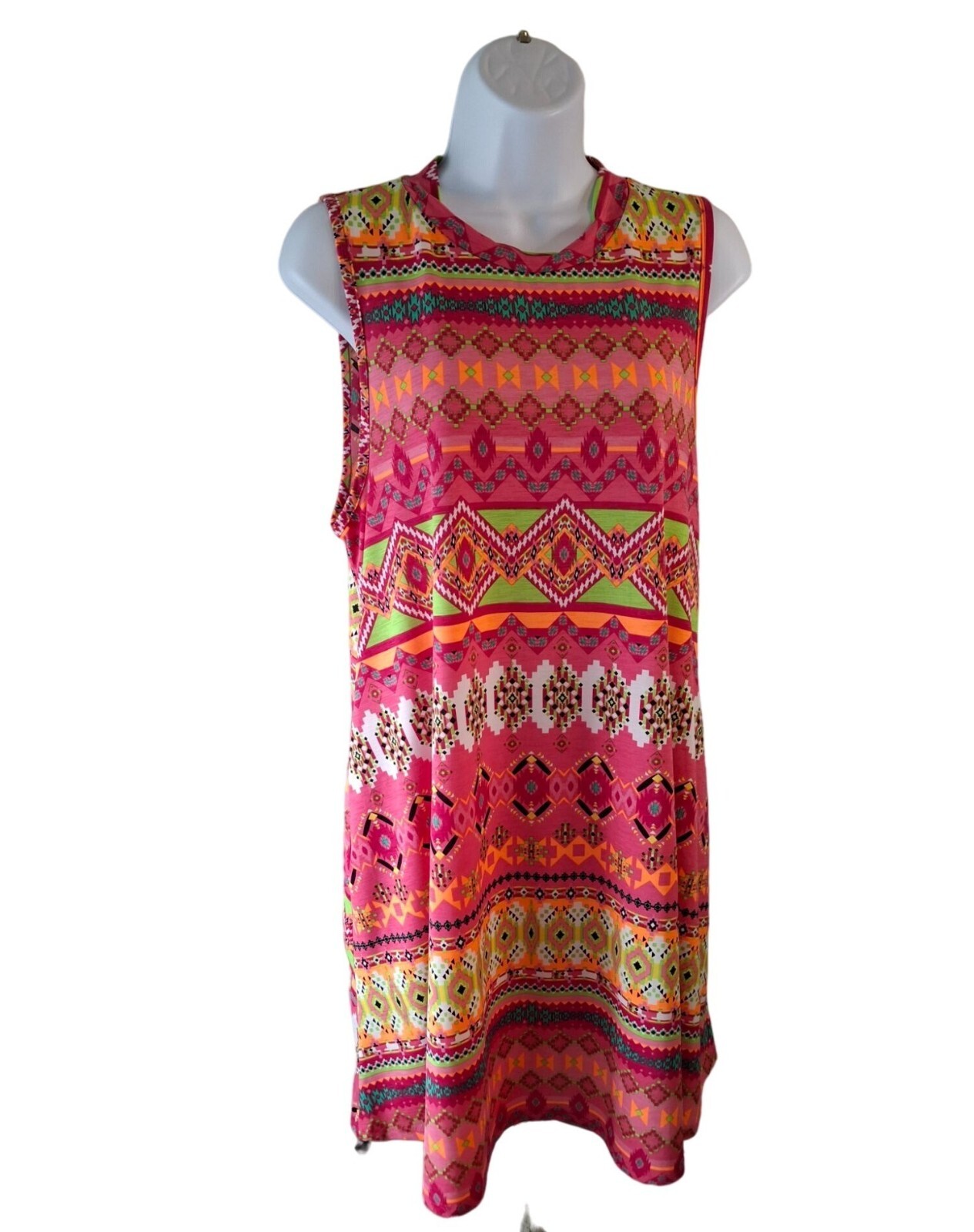 Honeyme Womens Aztec Tunic Top M Pink Green Sleevless Lagenlook Artsy Beach