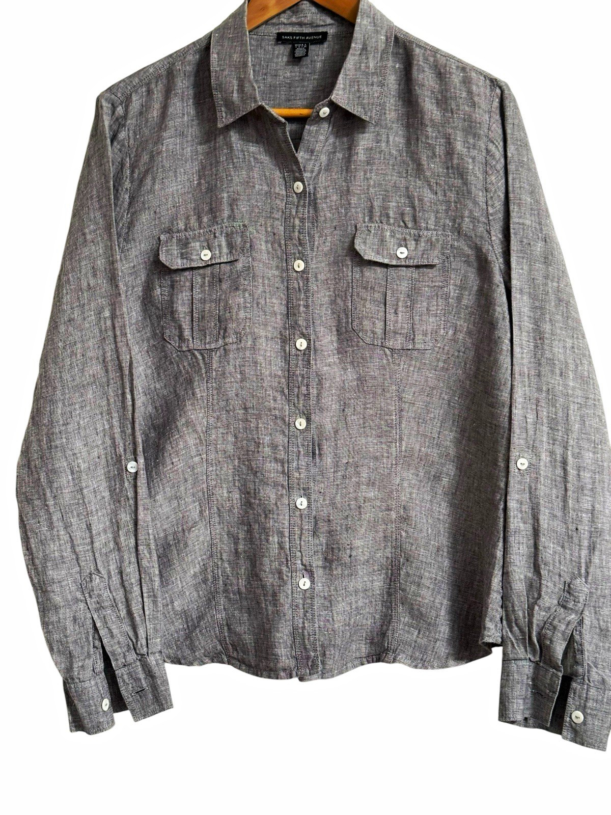 Saks Fifth Avenue 100% Linen Button-Down Shirt Gray Women’s Large
