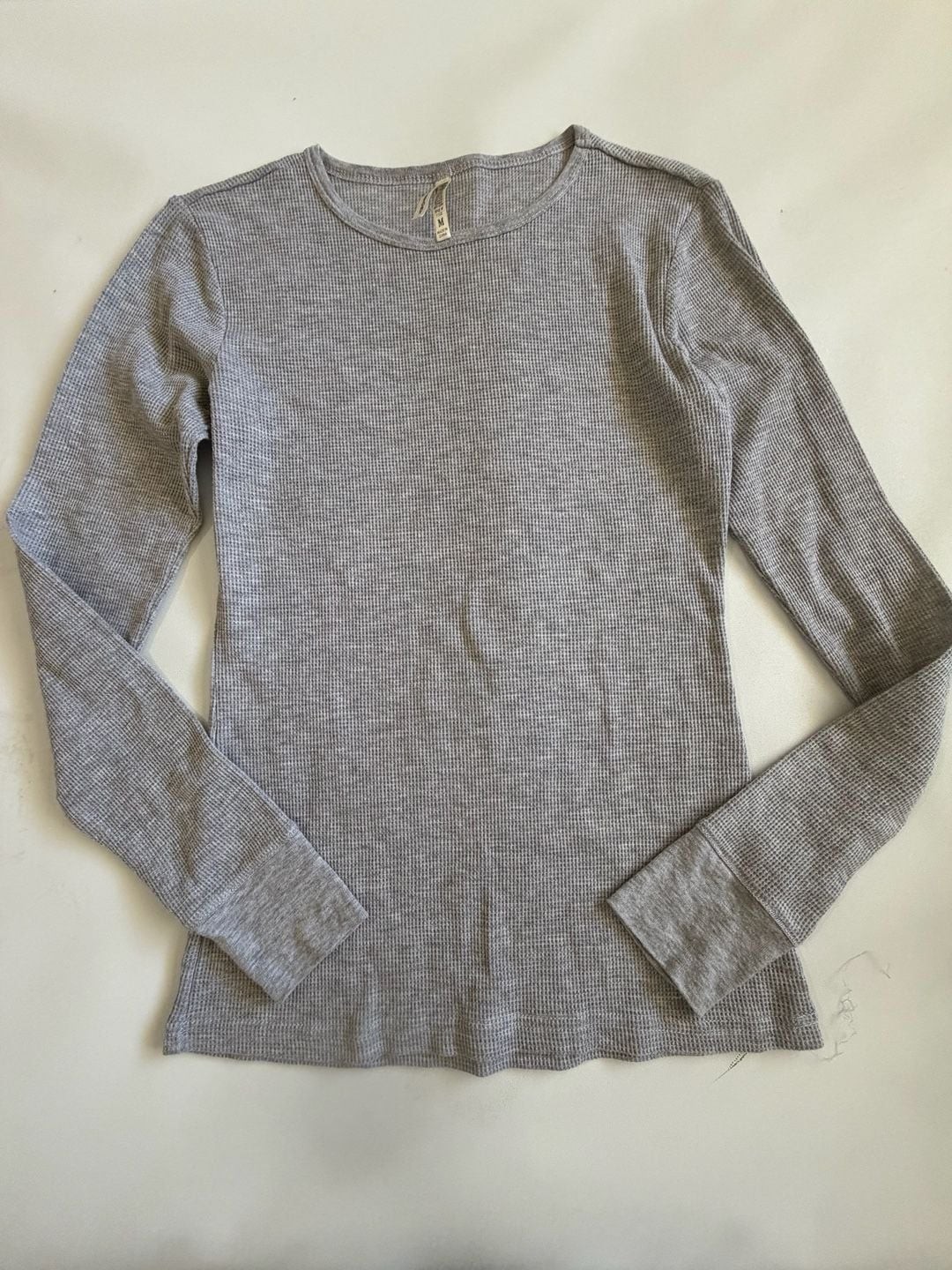 Waffle Knit Thermal Top Womens Gray LongSleeve Crew Neck Slim Fit Casual Basic