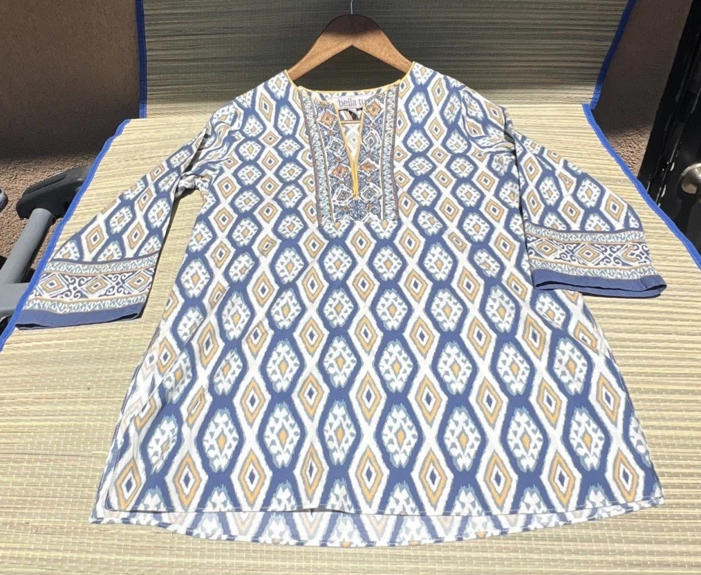 $228 Bella Tu Quinn Ikat Printed Tunic Blouse Top Blue White Size S New