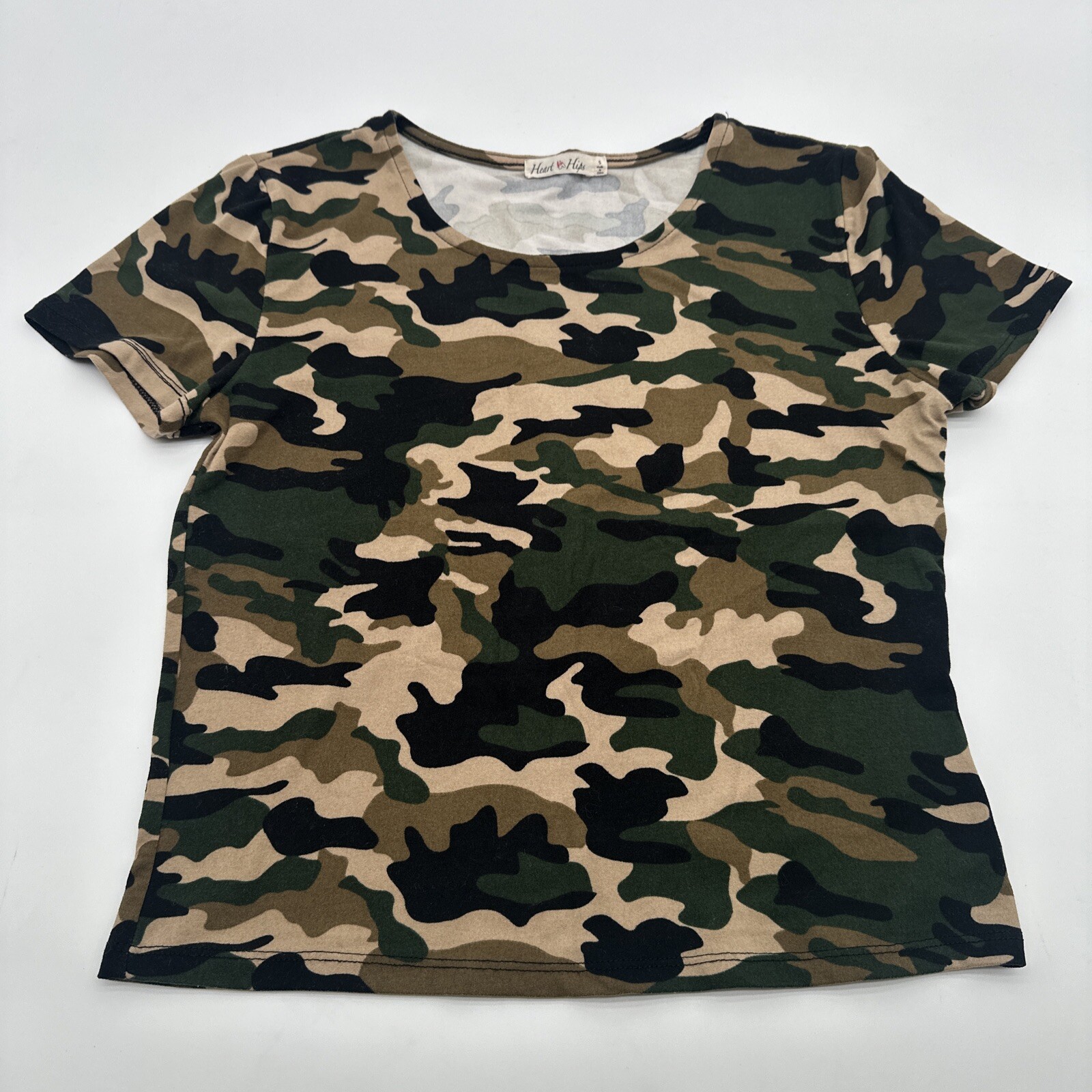 Heart Hips T-shirt Crop Top Women Small Green Camuflage …#13575