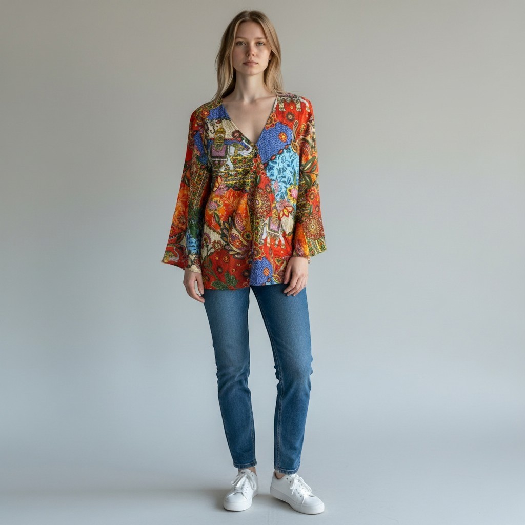 Peace + Love Calao Elephant Patchwork V-Neck Blouse Orange Multi M U5658B