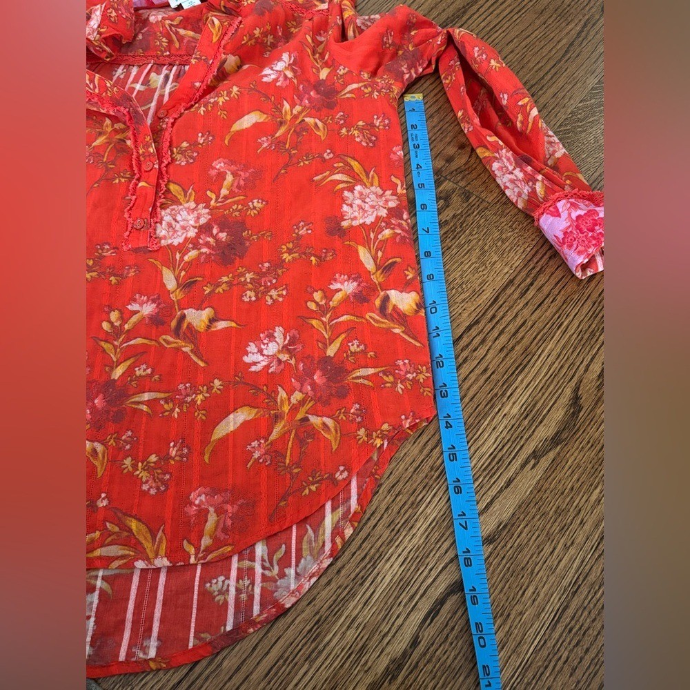 Sundance | High Neck Ruffle Vibrant Floral Contrast Trim Top Long Sleeve Sz XS