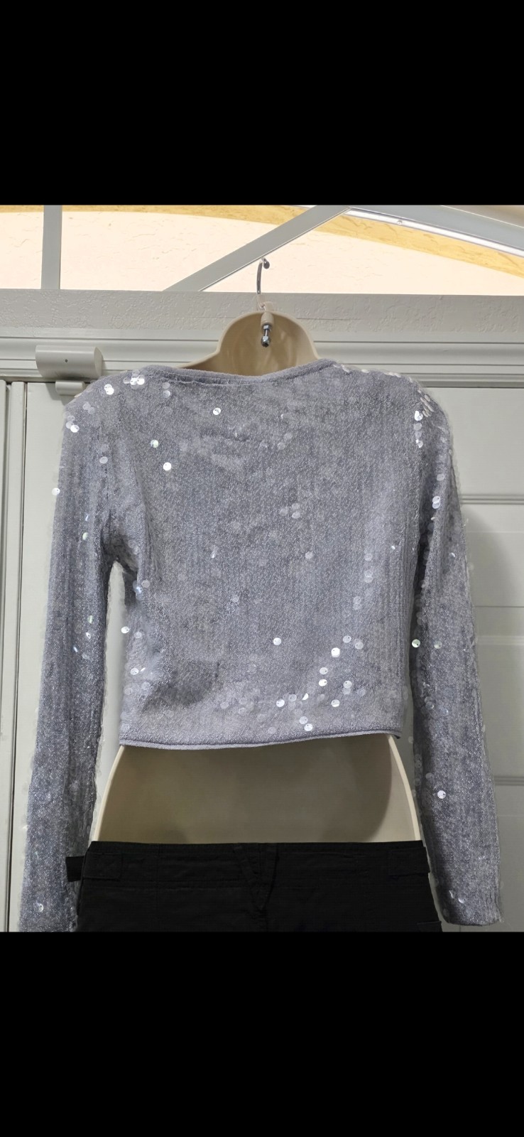 Dynamite Silver Sequin Cropped Knit Sweater Long Sleeve Pullover Size XXS