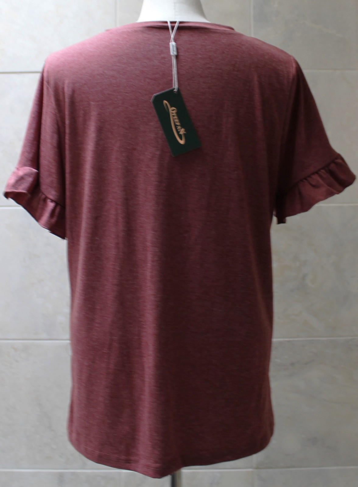 Nwt OFEEFAN sz L (chest 42″) Burgundy Jersey V-neck Short Sleeve Ruffle Cuff Top