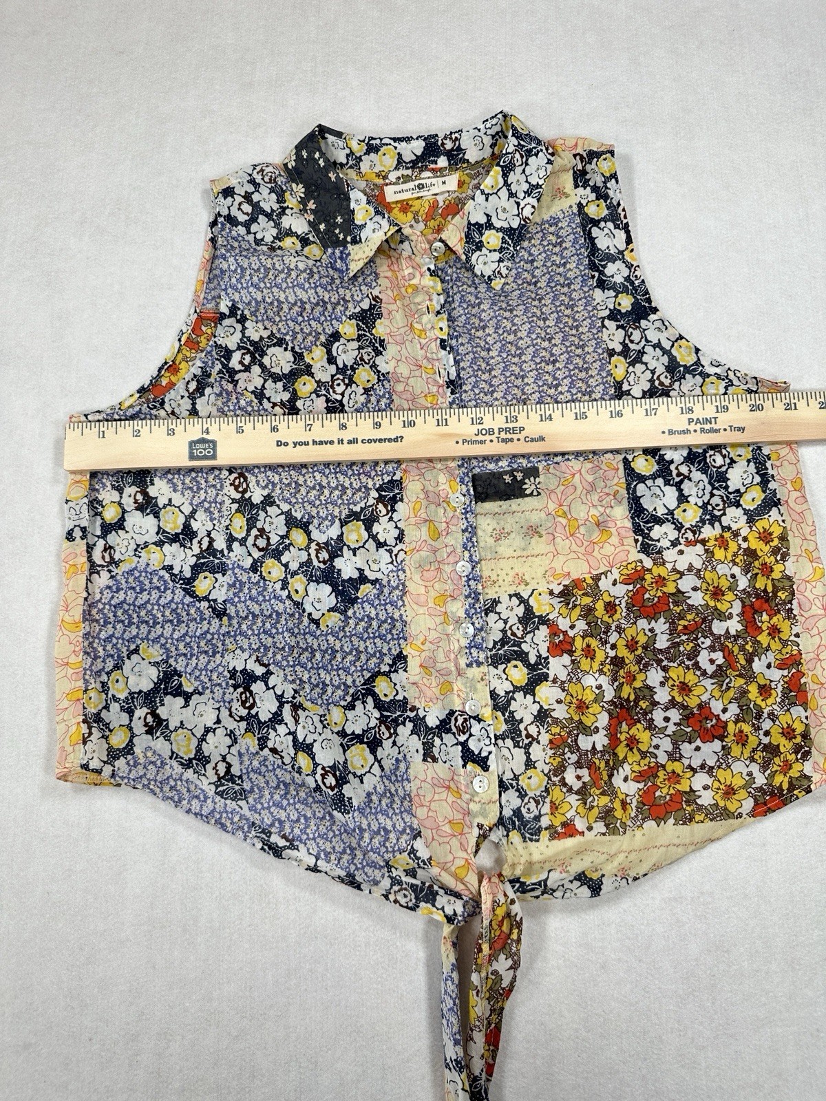 Natural Life Patchwork Button Up Blouse Tie Front Multicolor Floral Womens M