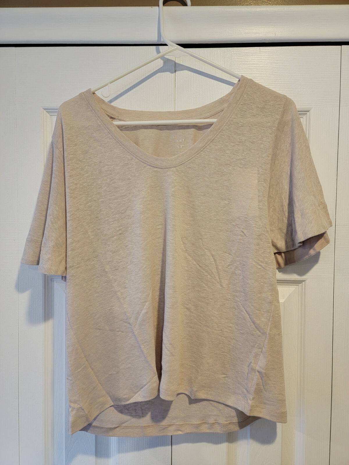 A New Day Womens Flutter Short Sleeve Scoop Neck Linen Light Brown T Shirt Sz L