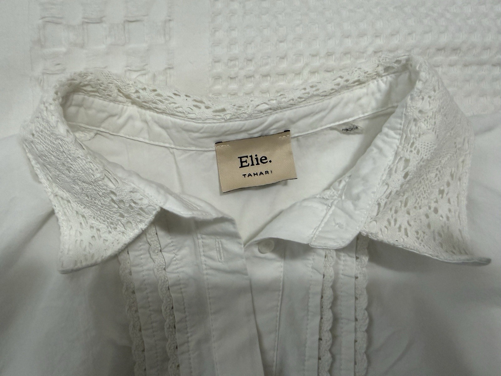 Elie Tahari White Lace Collared Button-Up Blouse Puff Long Sleeve Size 4