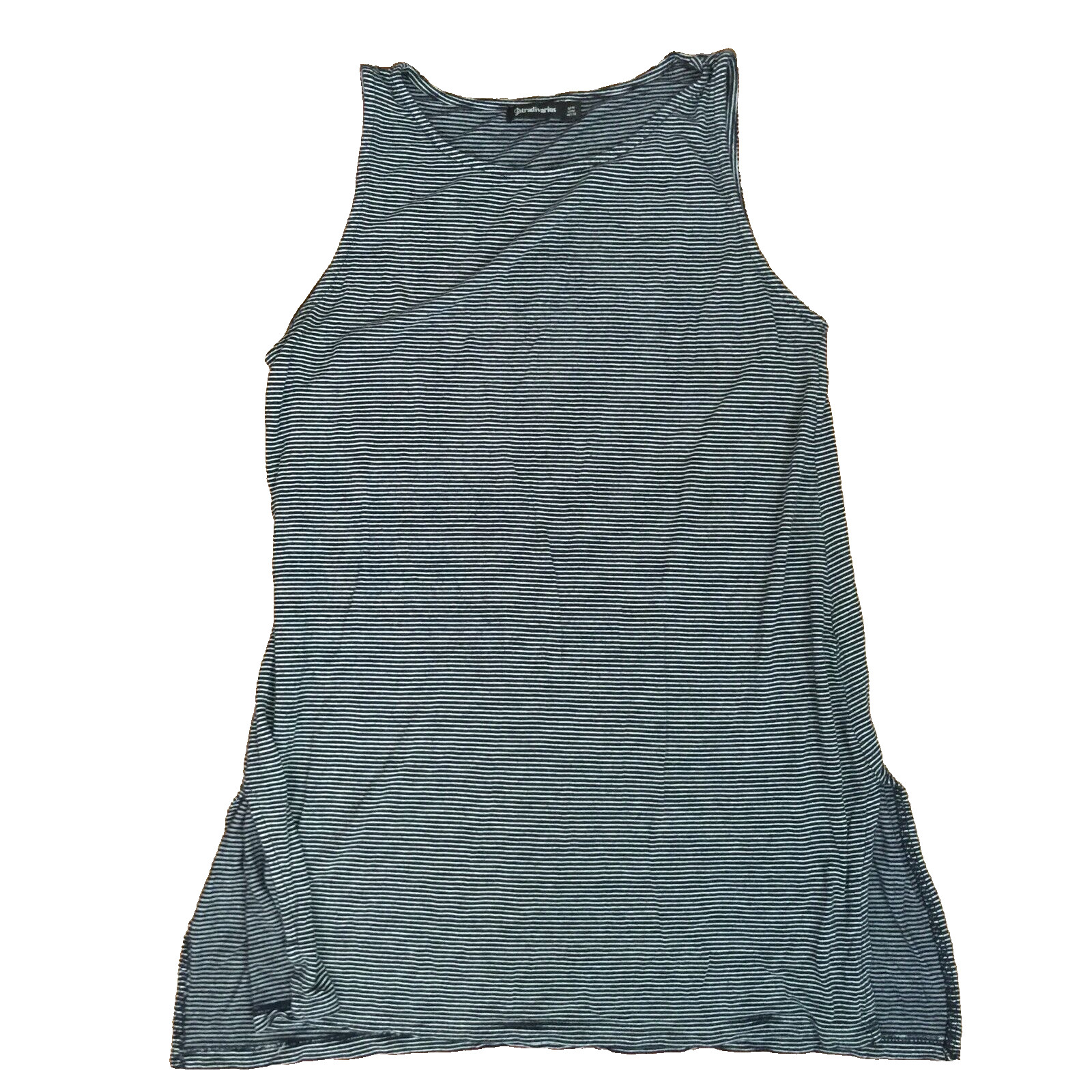 VINTAGE STRADIVARIUS BLUE STRIPE SLEEVELESS RAYON TOP WOMENS M 34″x27″
