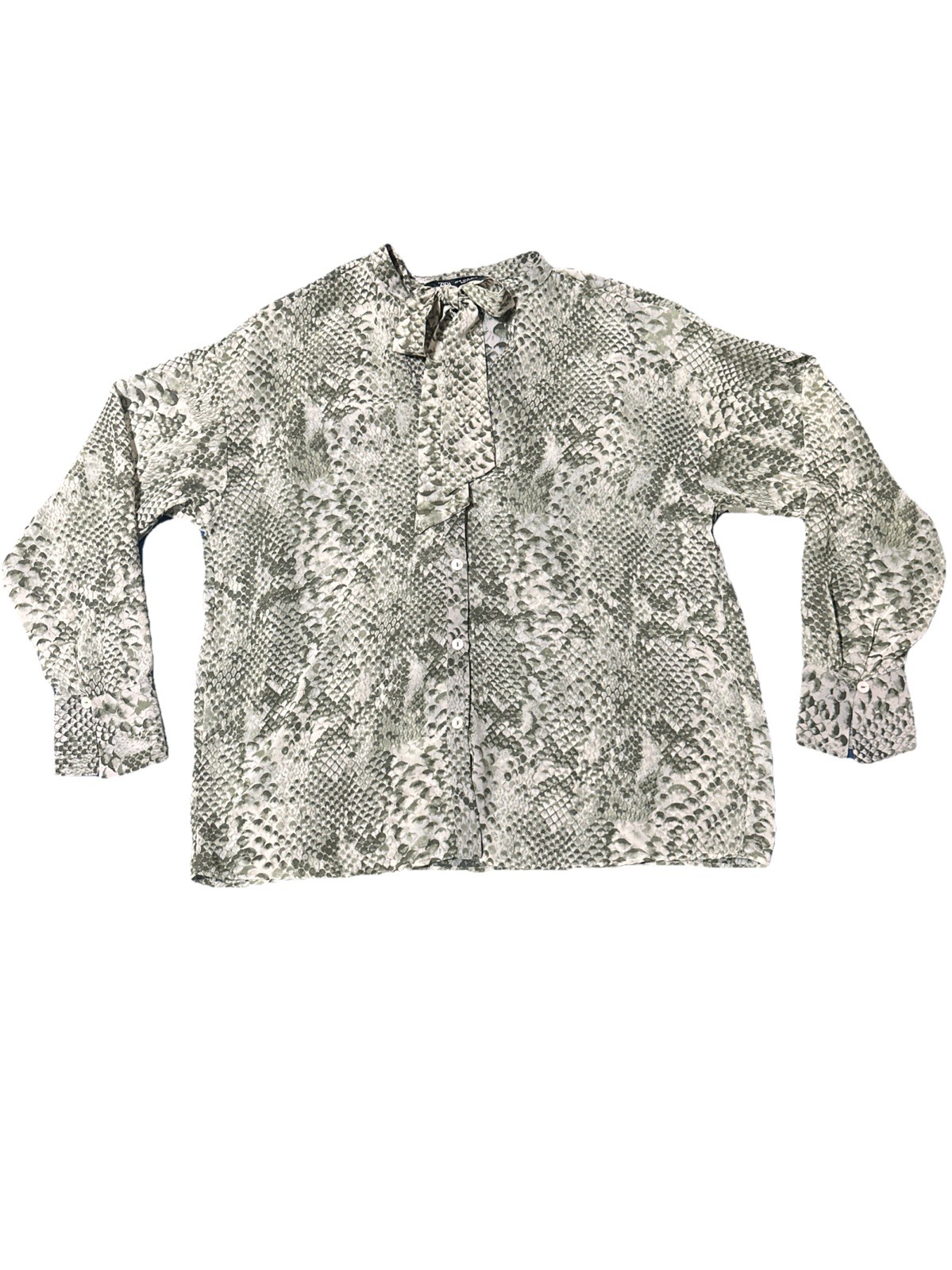 Zara Women’s XS Snake Print Sheer Blouse W Tie Neck Lightweight Animal Print
