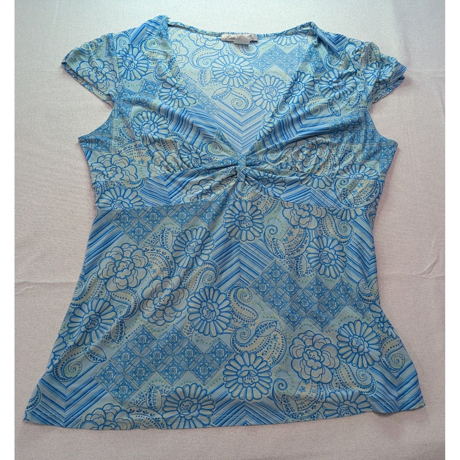 Linea Donatella Top Women L Blue Floral Paisley Empire Waist Cap Sleeve