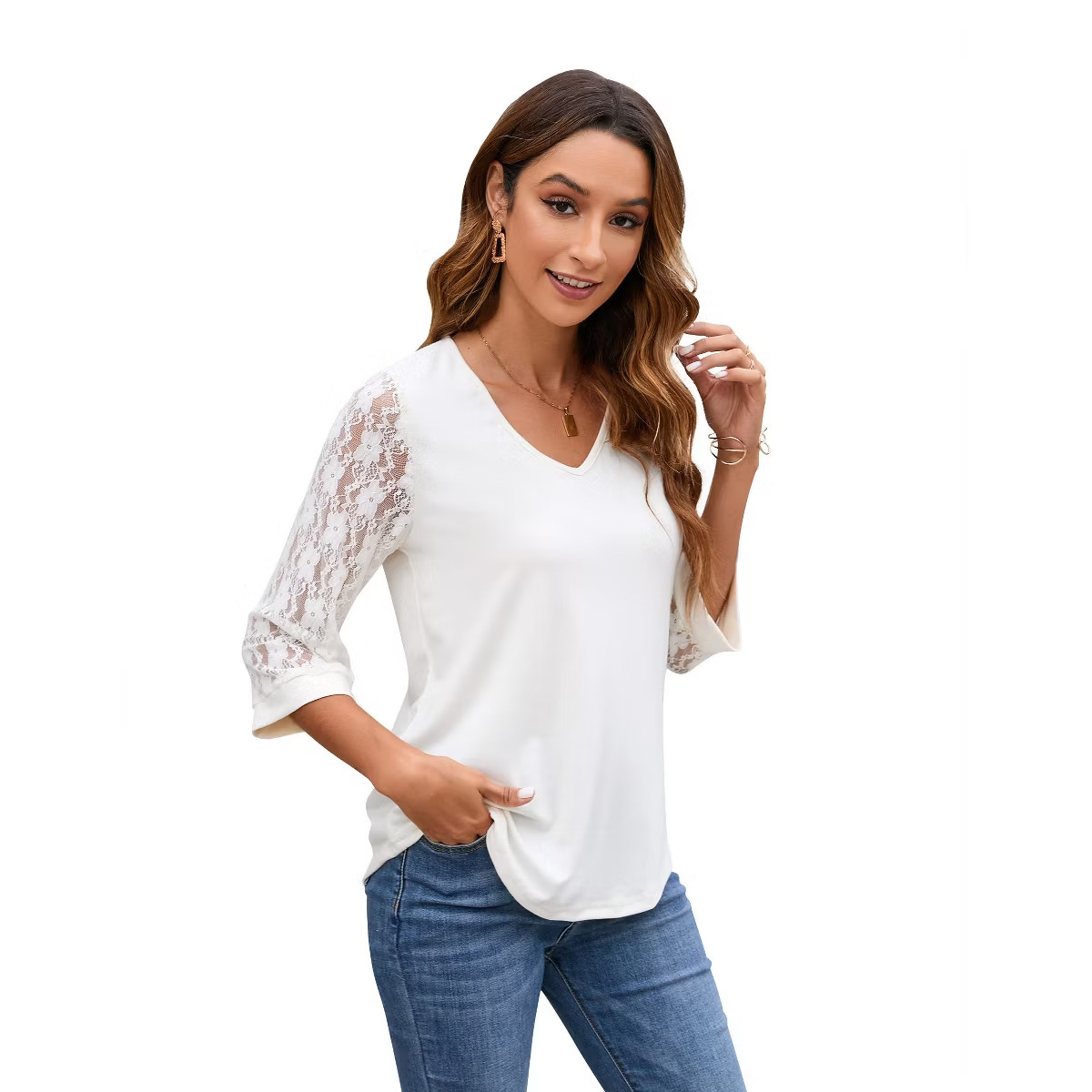 Womens 3/4 Sleeve Patchwork V Neck Lace Sleeve Tops Spring Summer Elegant Soild
