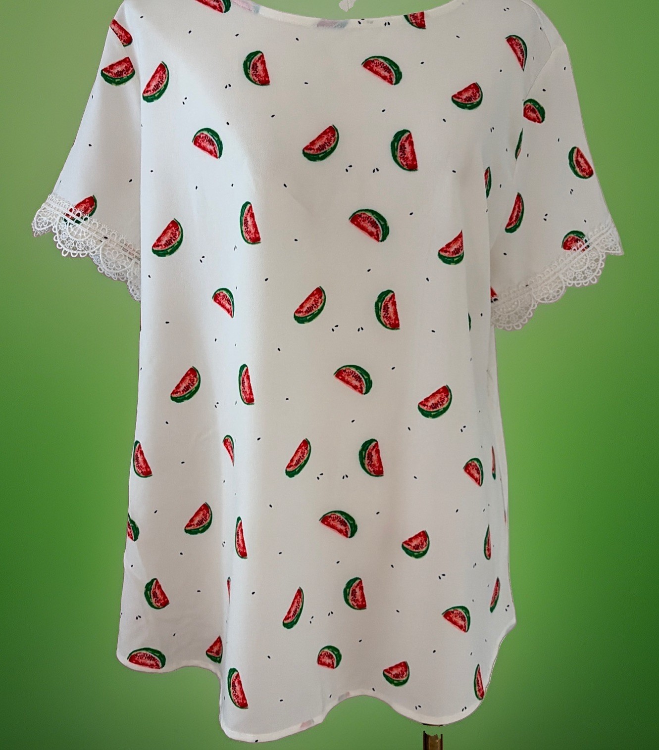 Van Heusen Women’s Watermelon Print Top Size L Novelty Crochet Trim Cottagecore