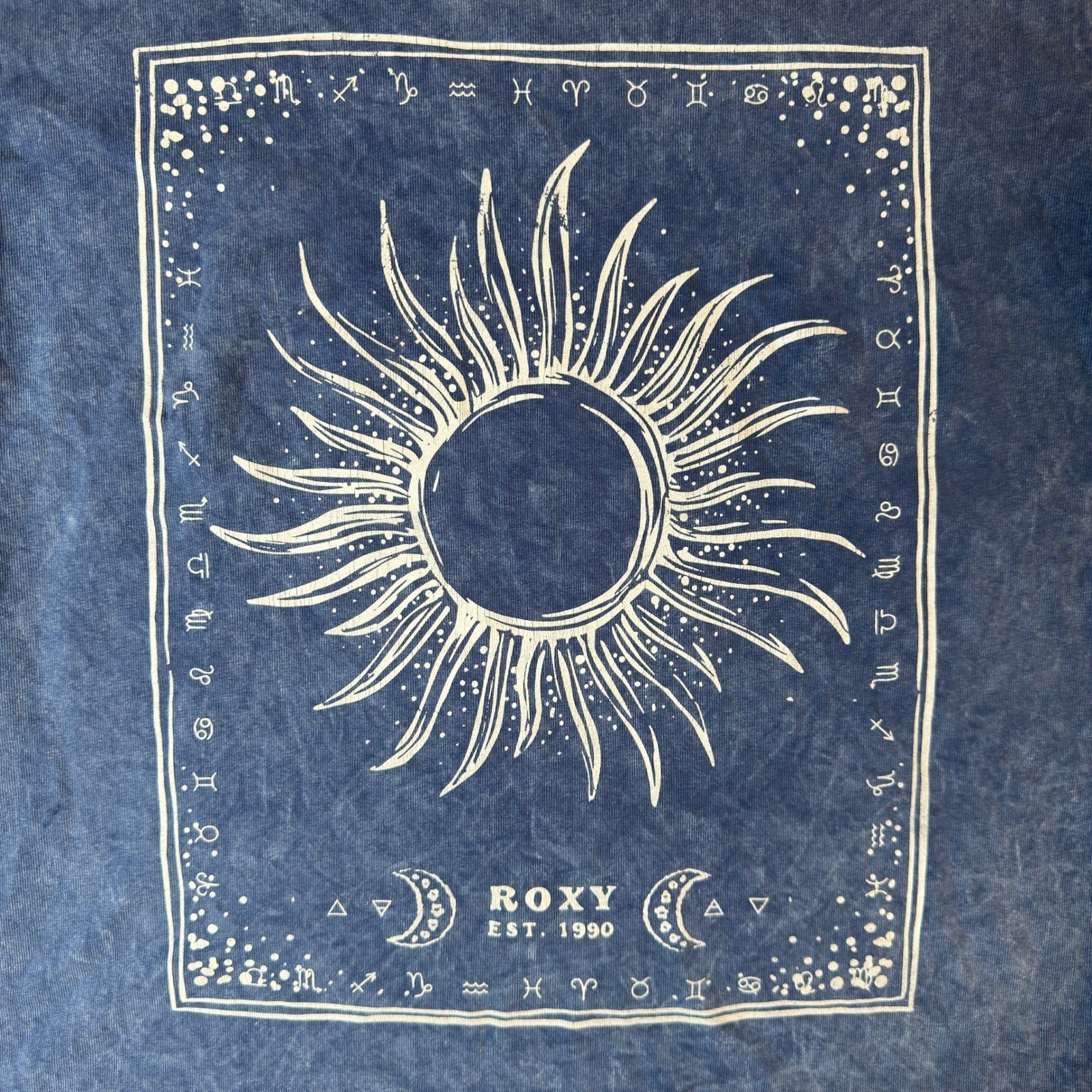 Roxy Womens Blue Acid Wash Celestial Sun Moon Zodiac Graphic Tee Shirt XS