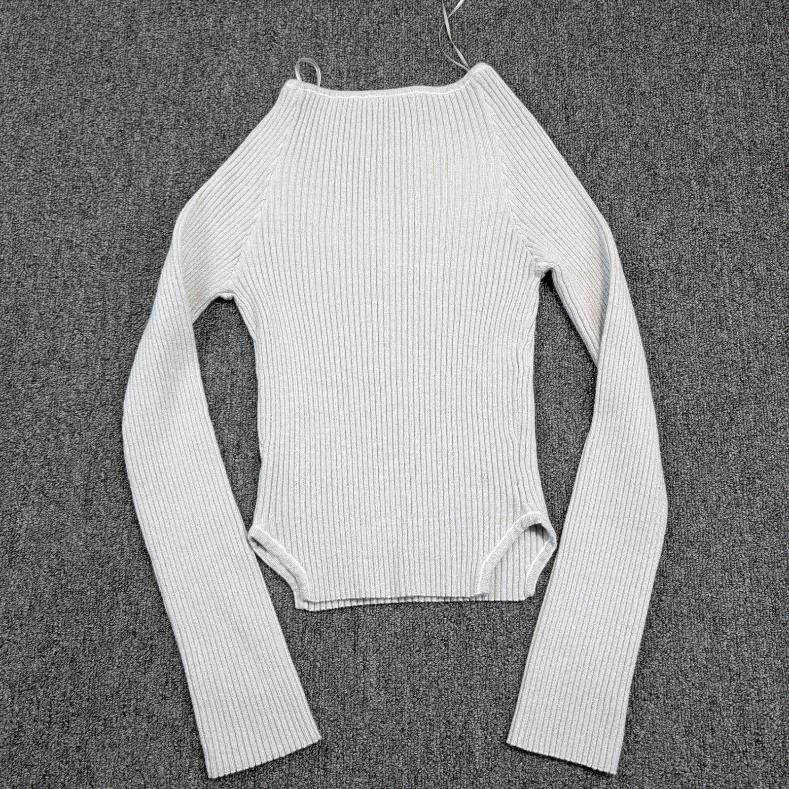 Miss Love Y2K Metallic Sweetheart Neck Ribbed Knit Top Large Silver Shimmer Glam