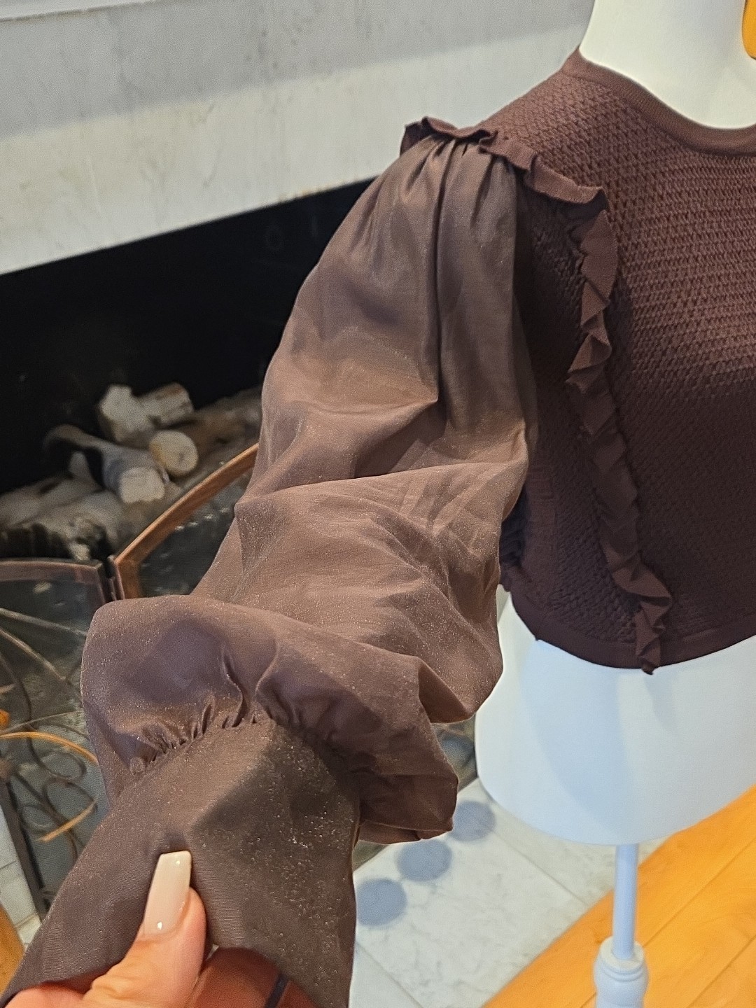 ZARA Women Organza Balloon Sleeve Brown Shirred Crop Top Shirt Size Small Ruffle