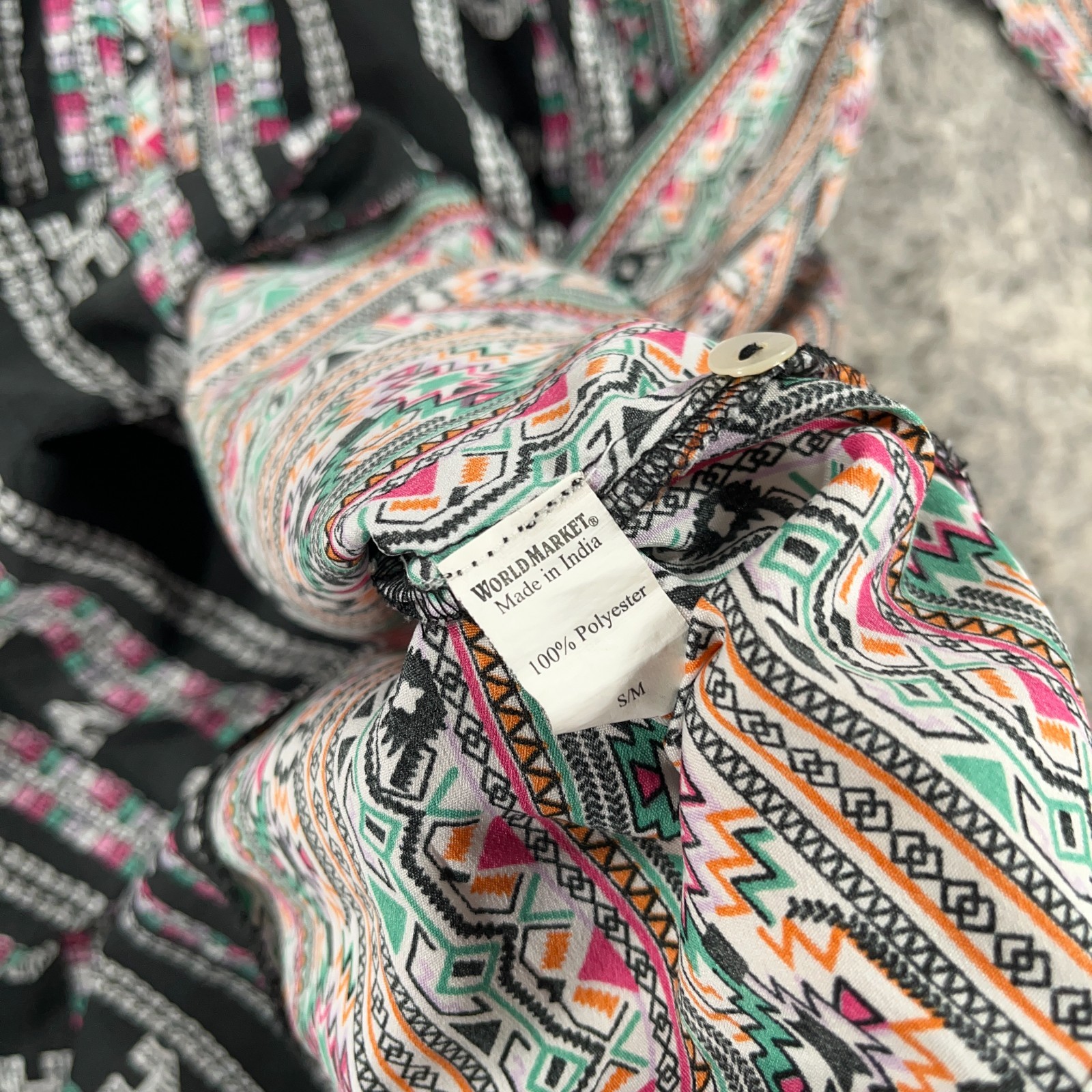 World Market Tunic Blouse Womens Small S Black Pastel Aztec Print Peasant Boho