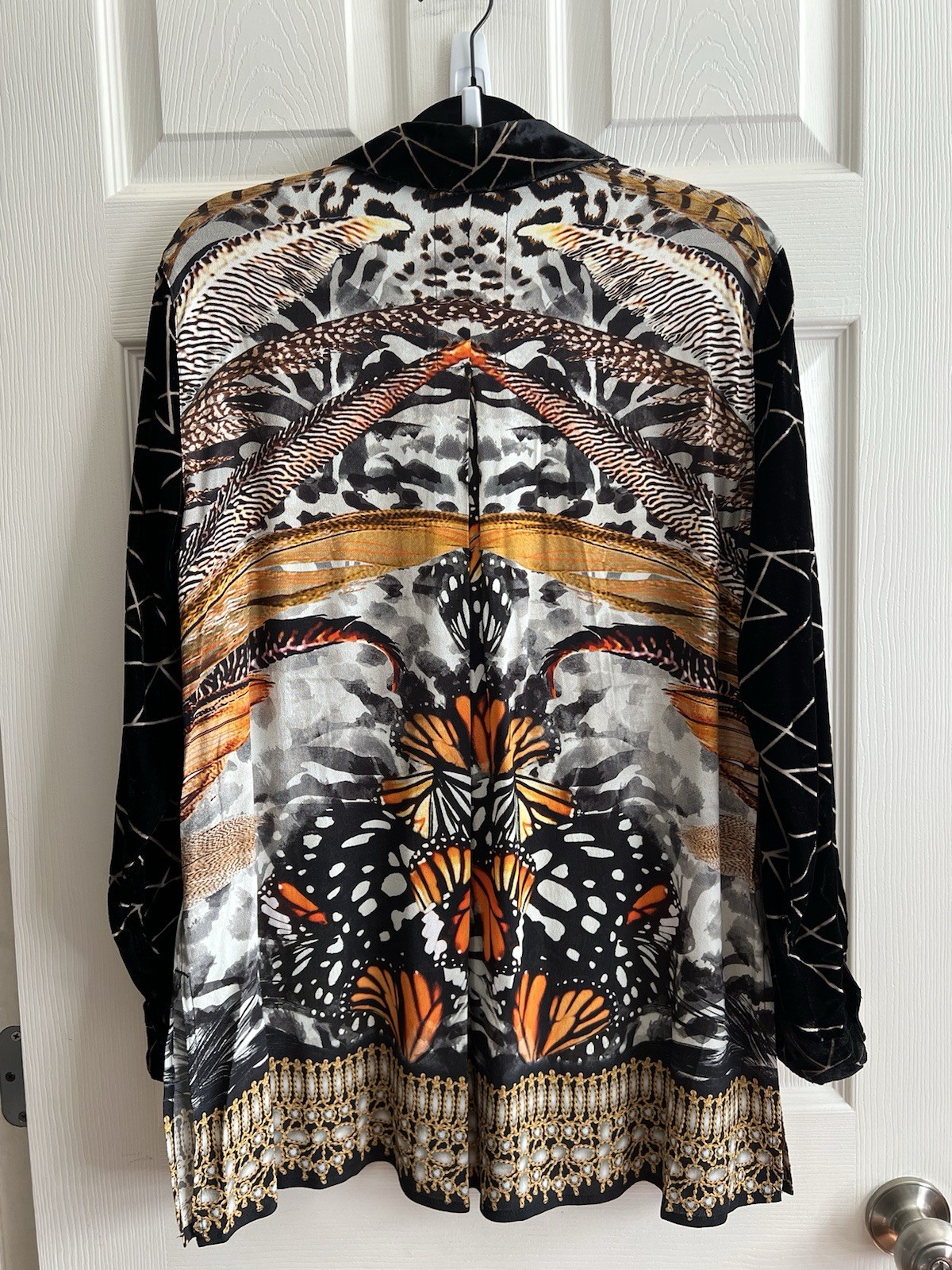 JOHN MARK Velvet Burnout Monarch Butterfly Art To Wear Button Blouse Top Sz S