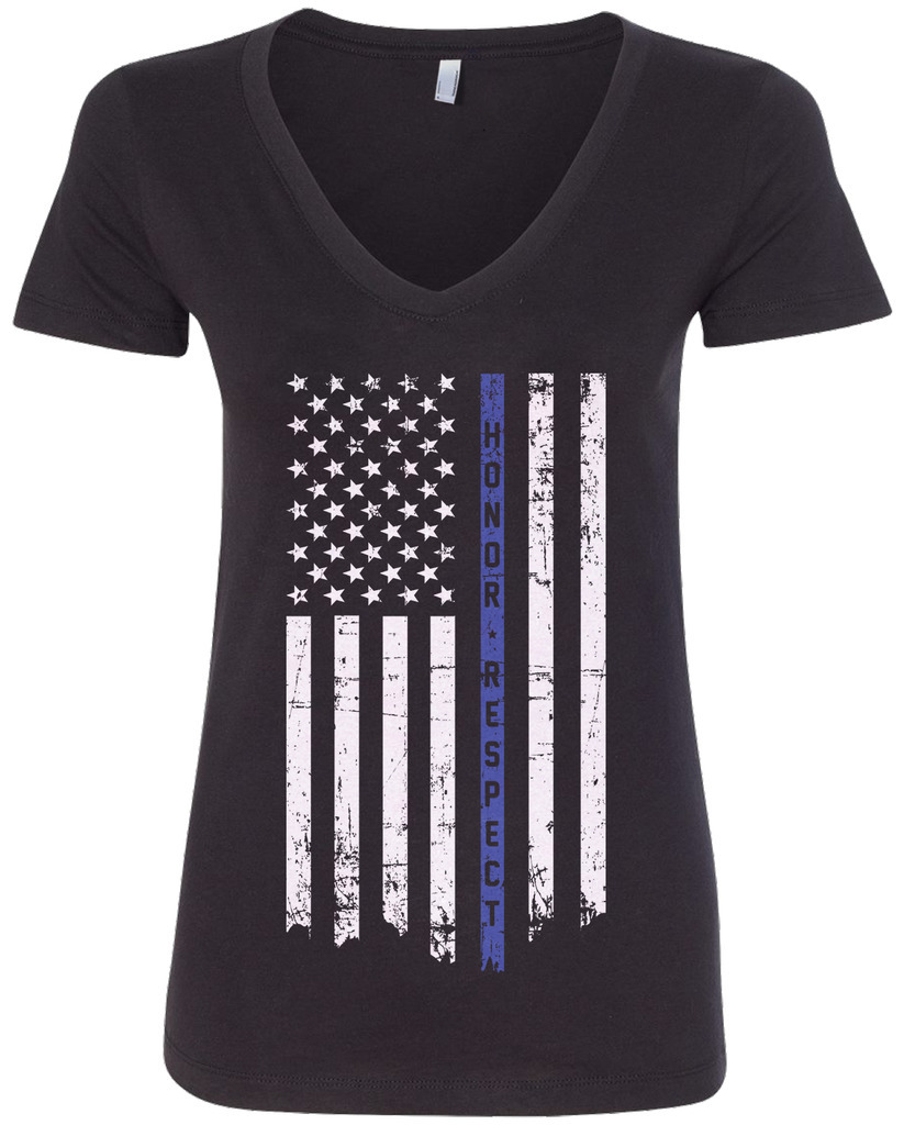 Threadrock Women’s Honor Respect Thin Blue Line Flag V-neck T-shirt