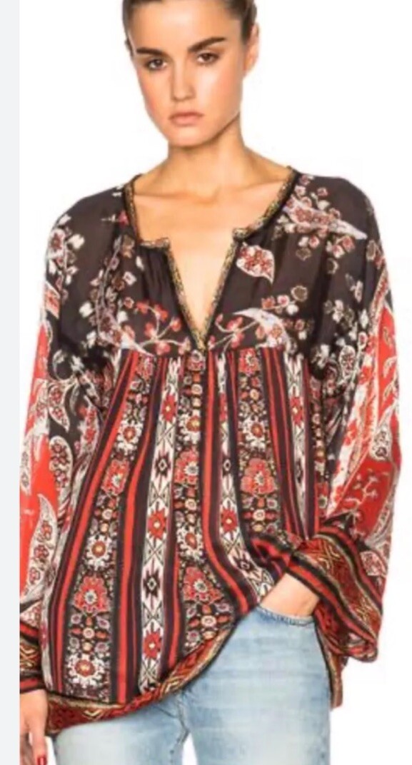 Isabel Marant Etoile Top Tucson Black/Red Paisley Print Crepe Blouse Sz M