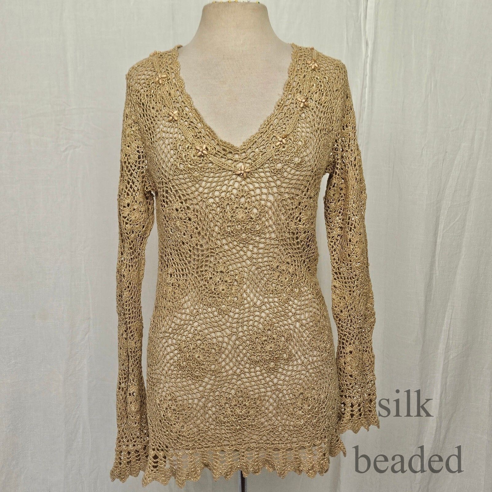 y2k vtg silk blend beaded & crocheted long sleeve top