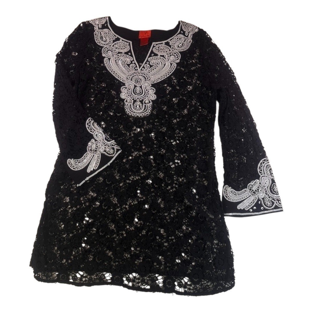 V Cristina Black Lace Embroidered Tunic Top Size Medium