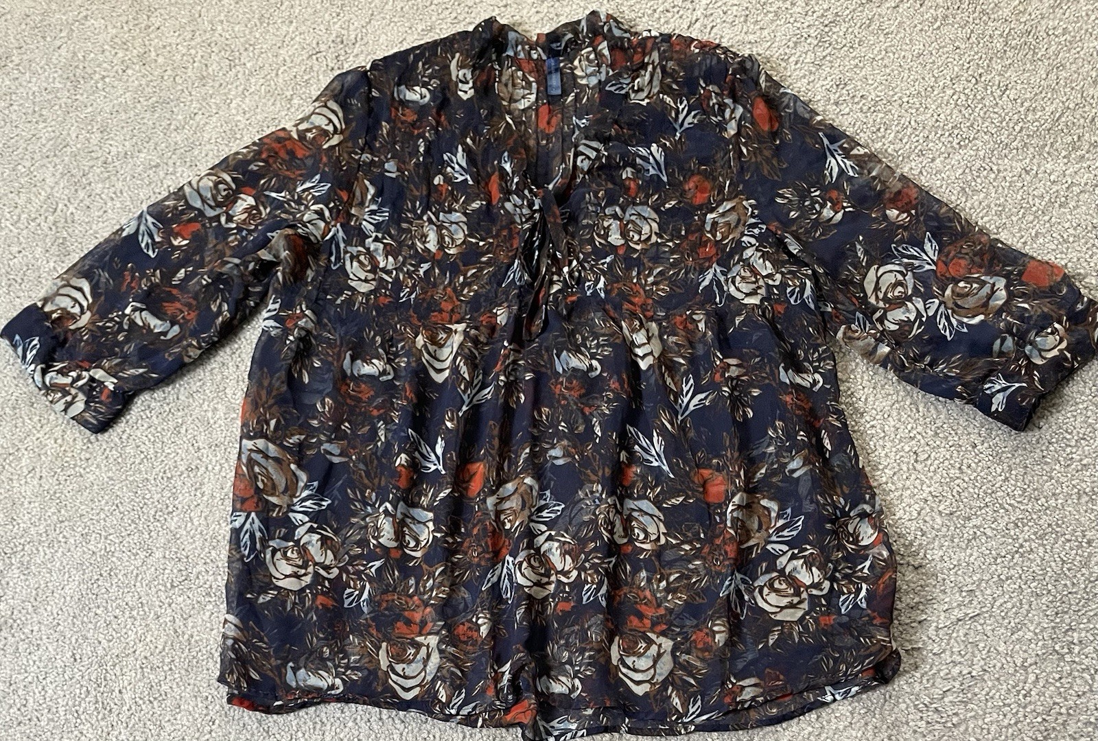 Falls Creek Pleated Floral Blouse Sz L Beige Red Sheer Front Tie 3/4 Sleeve Boho