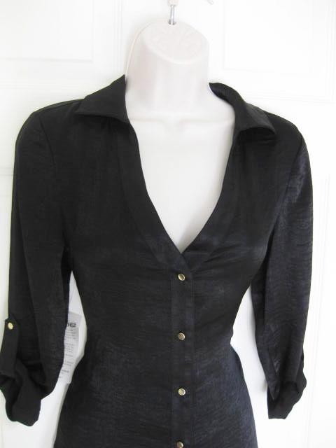 BEBE BLACK RAE HAMMERED CHARM LONG SLEEVE SHIRT TOP NEW NWT SMALL S