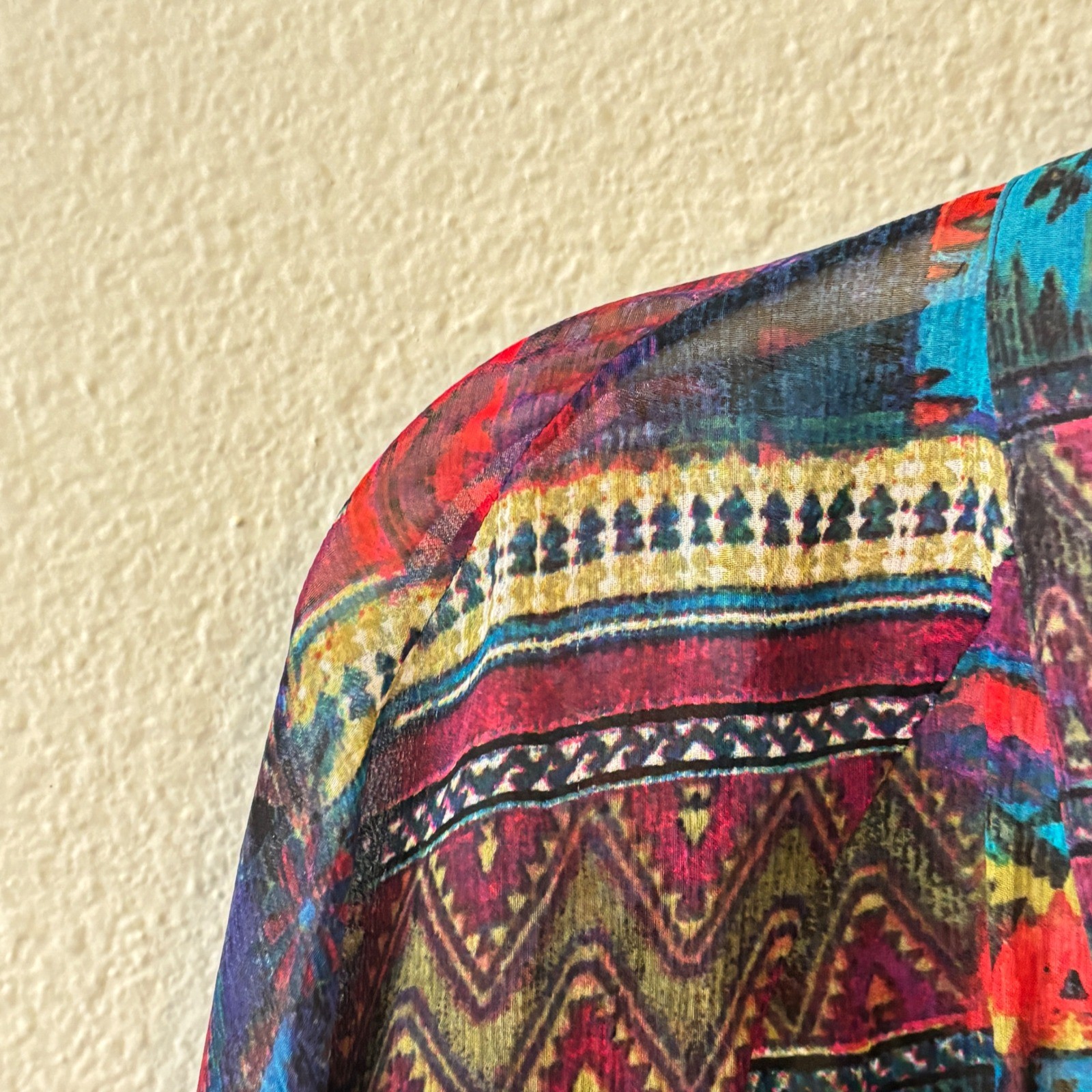Chicos 100% Silk Patchwork Top Blouse Womens 1/M Colorful Sheer Boho Art to Wear