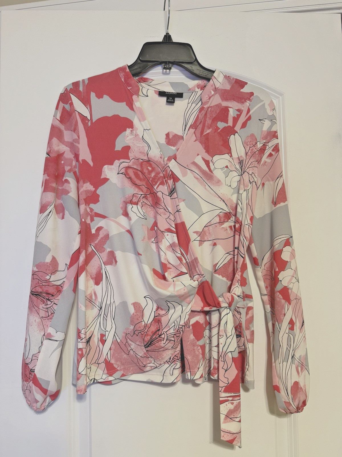Alfani Floral Surplice Blouse – Pink White Grey – Petite Medium