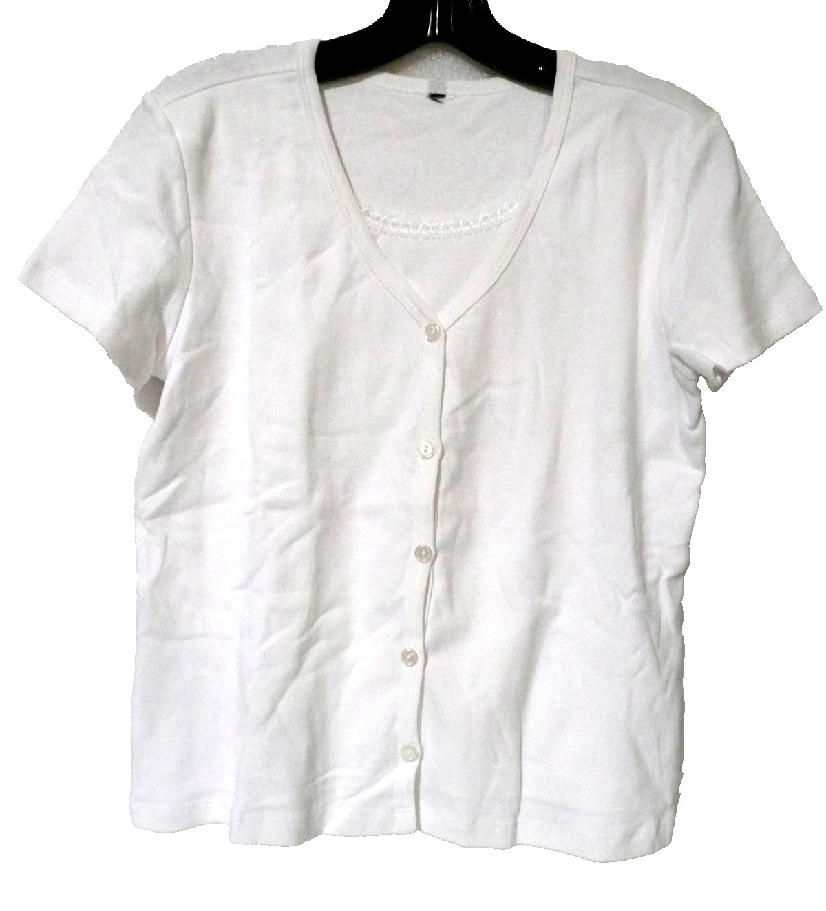 Unbranded Women White Cotton Short Sleeve 2-in-1 blouse w/front neck Lacy Trim