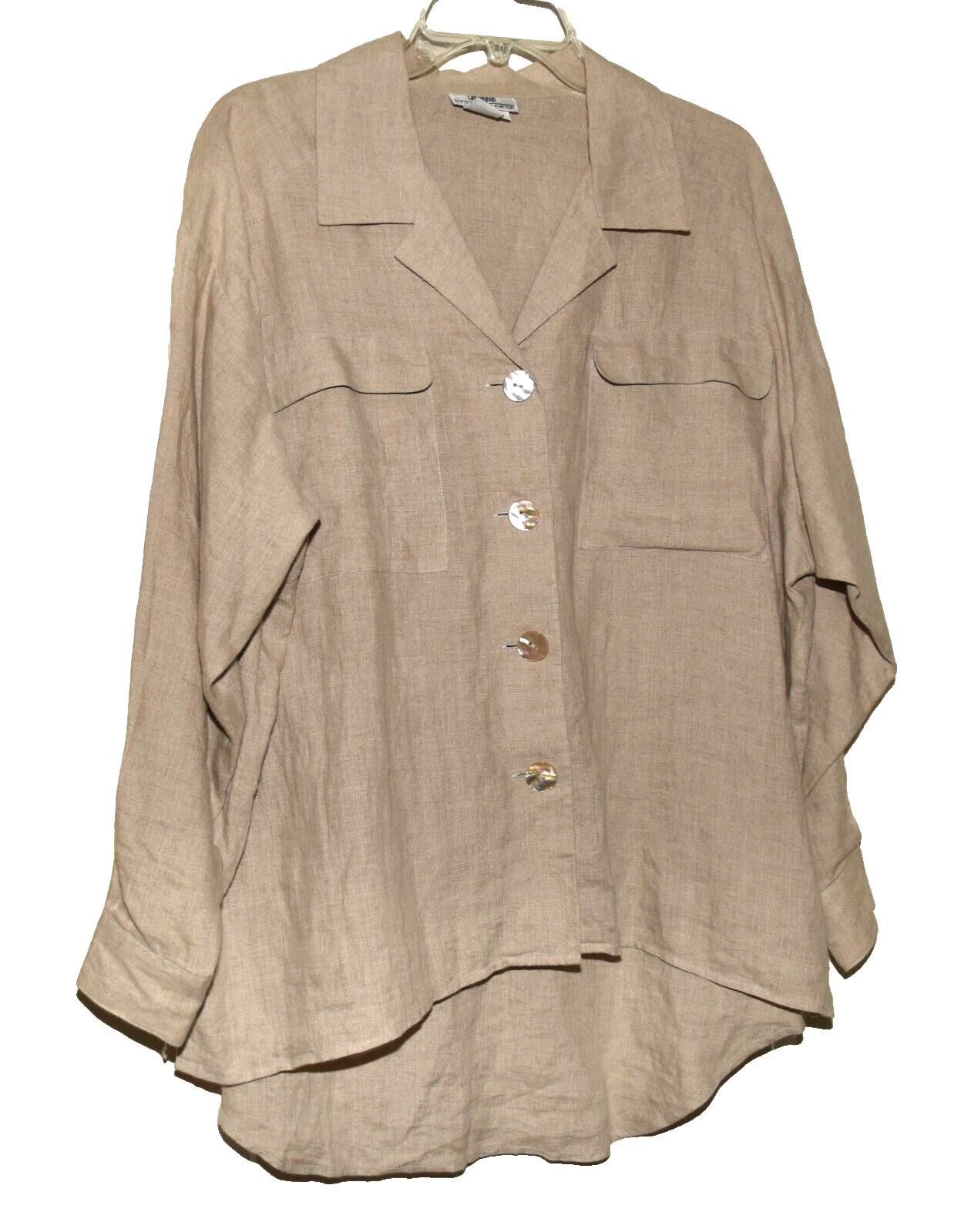 Vintage I Magnin Sixth Sense Beige Linen Hi-Low Oversized Shirt Blouse Size S