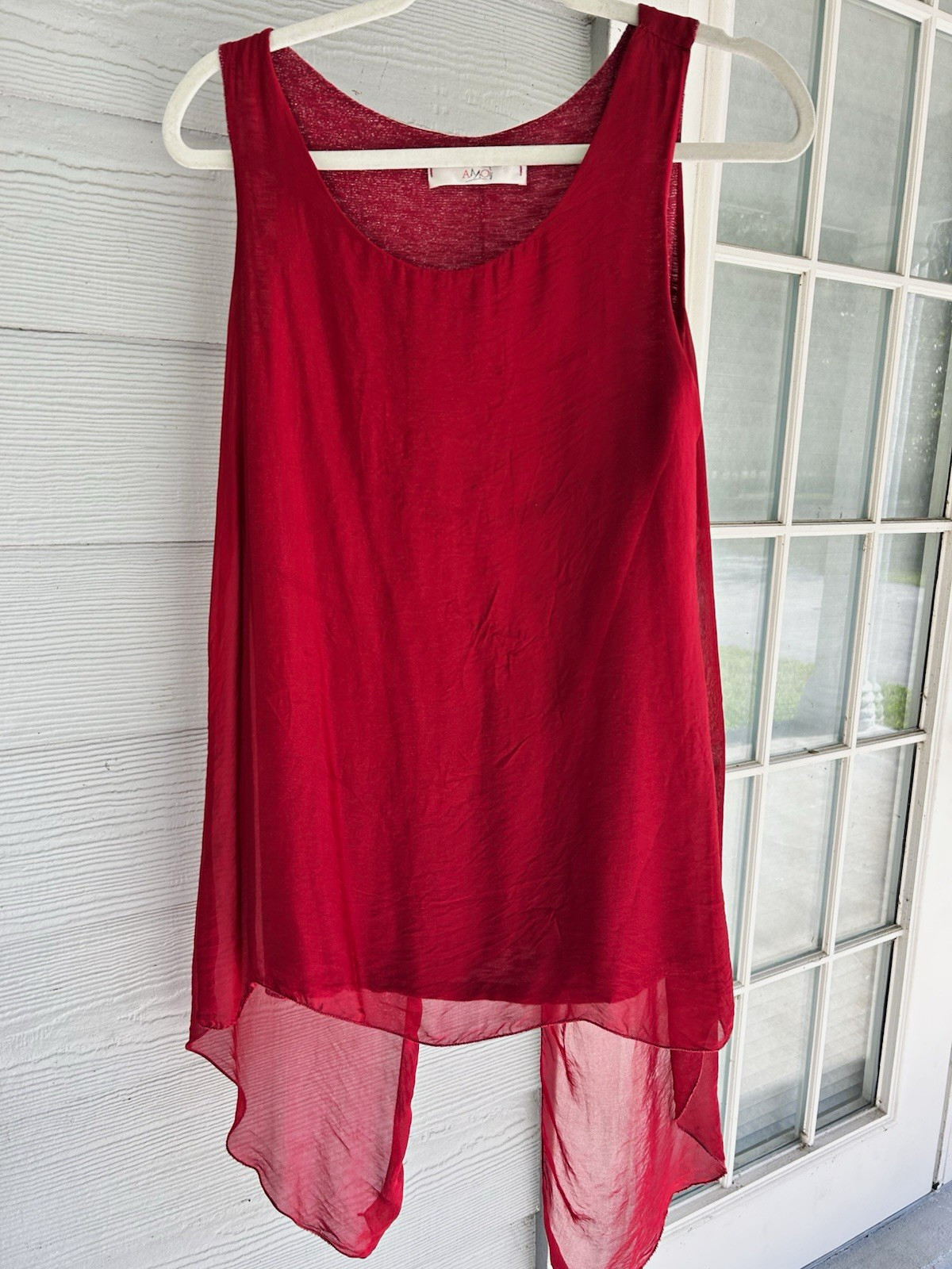 AMO Red Sheer Chiffon Scoop Neck Tank Top Asymmetric M Luxury Made in Italy