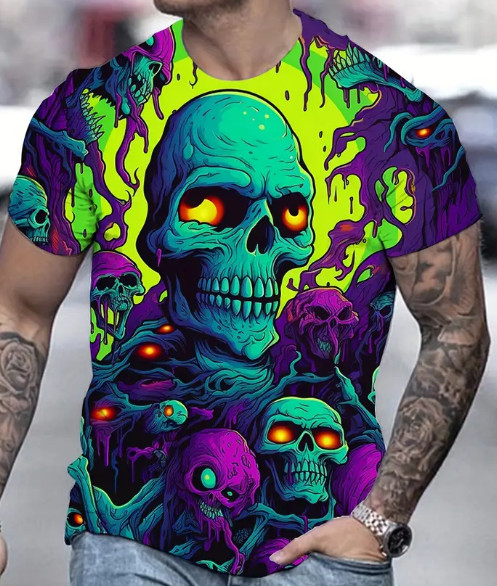 Unisex Size L Bright Multicolor Graphic Skull T-Shirt Silky Satin Feel