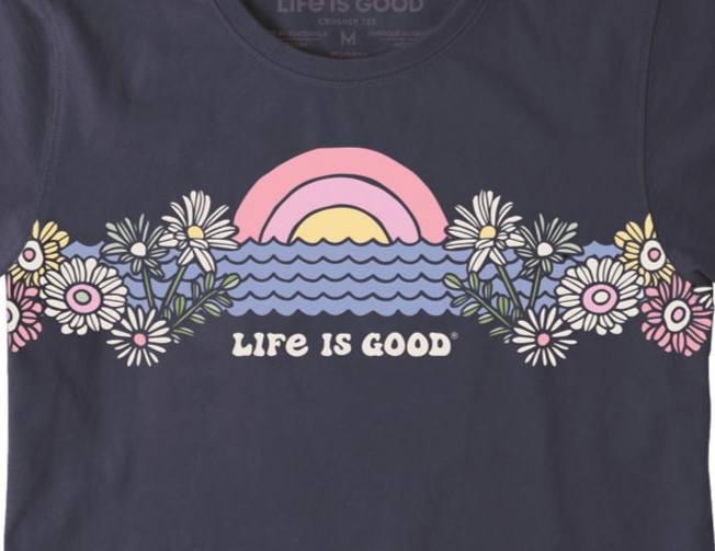 Small NWT Women’s Life is Good Sunrise Water Scene Flowers Dk Blue SS Crusher