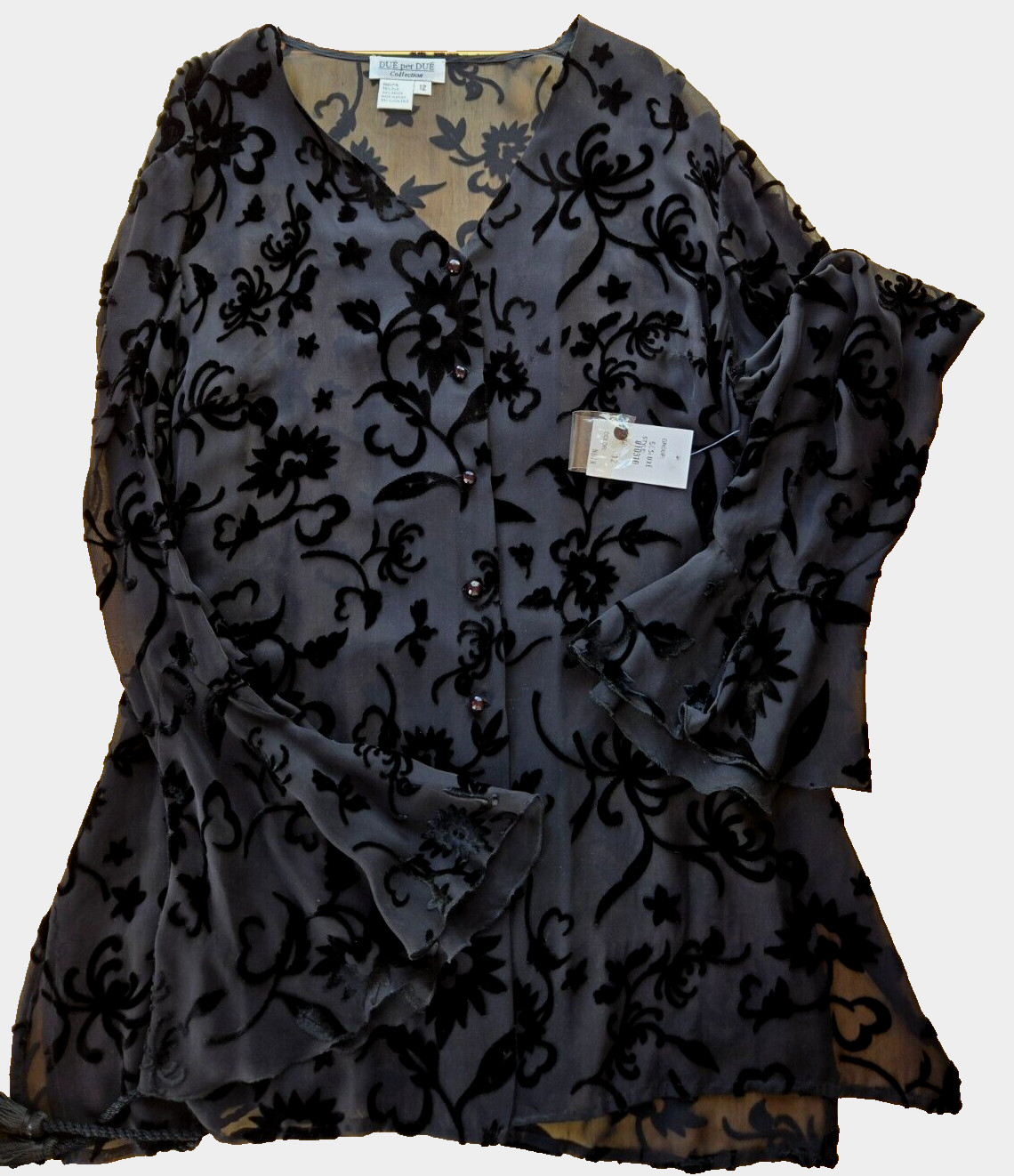 Due per Due Women’s Black Sheer Silk Blend Size 12 Blouse Raised Floral NWT