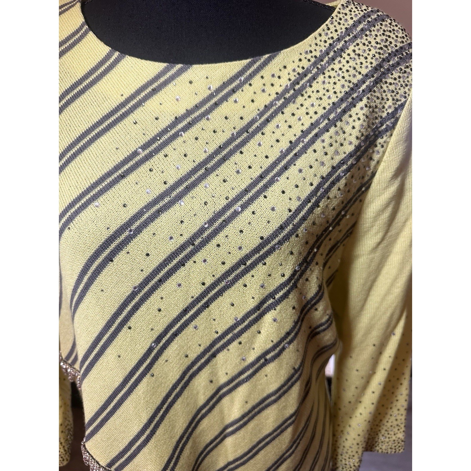 Donna Vinci Knits Women 14 Yellow Gray Stripes Rhinestone Jewel Asymmetrical Top
