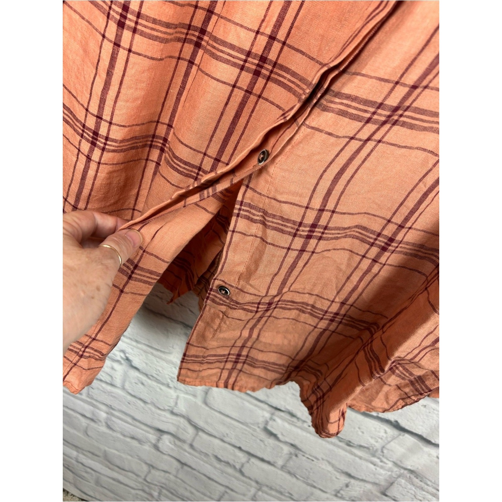 Free People No Limits Plaid Linen Shirt L Peach Button Back Tunic Oversized