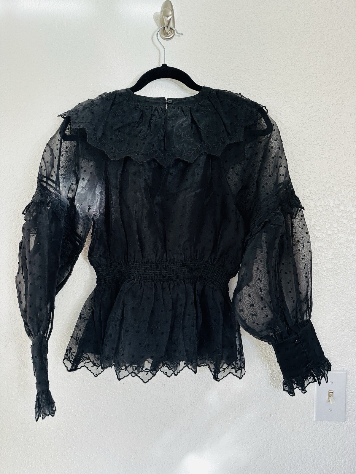 Topshop Womens Dobby Shirred Waist Peplum Top Black Textured Bishop Ruffle 4 NWT