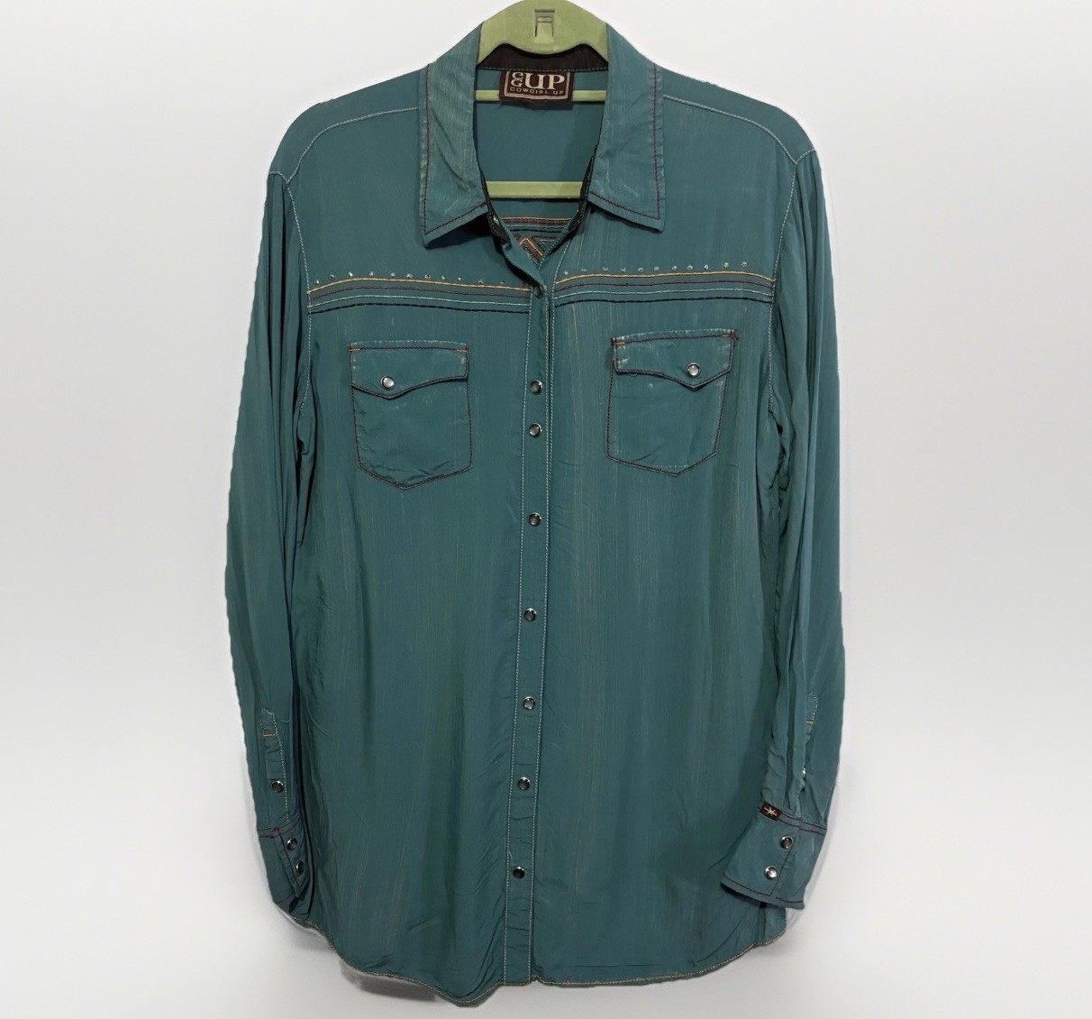 Cowgirl Up Shirt Womens Size XL Turquoise Teal Distressed Pearl Snap Embroidered