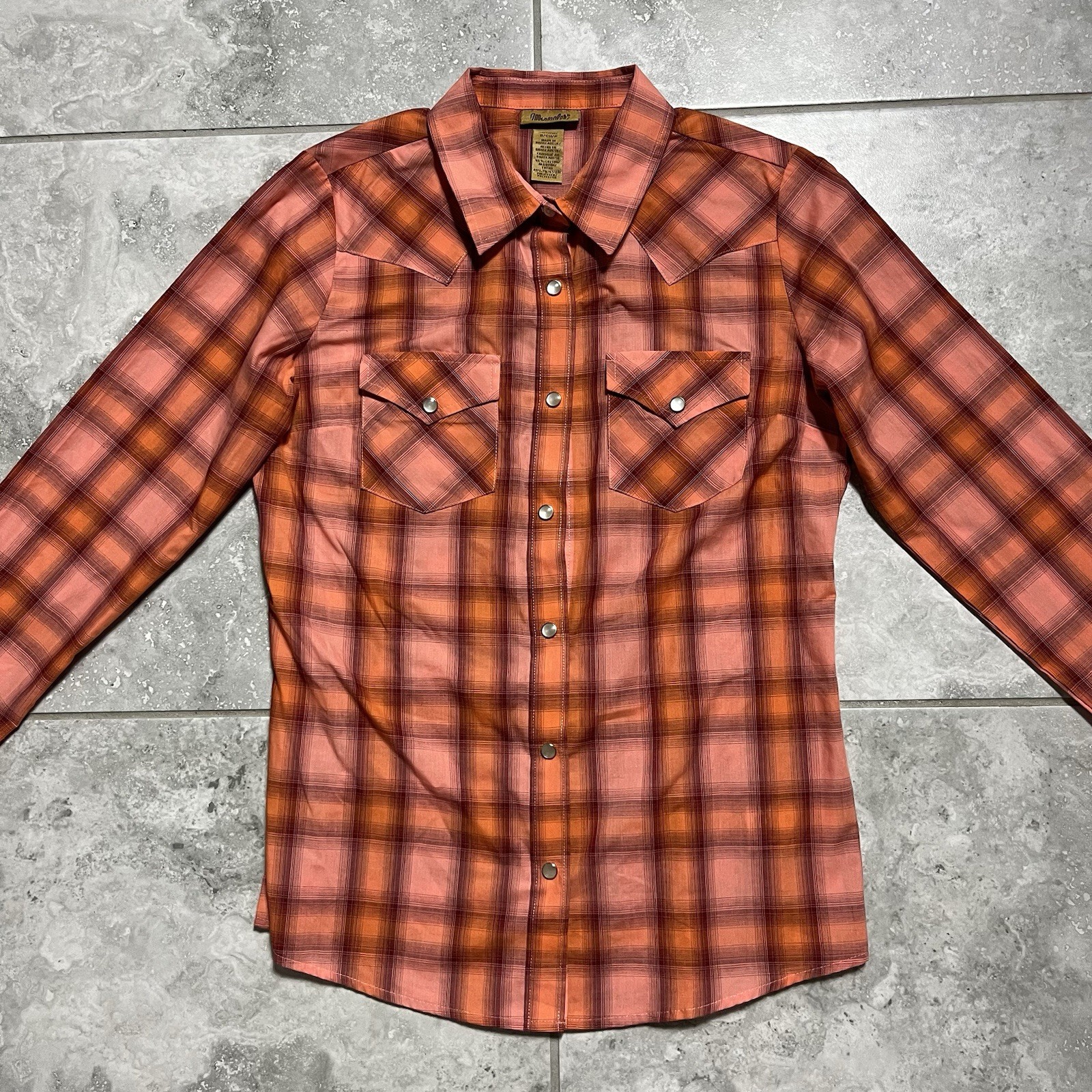 Wrangler Button Pearl Snap Shirt Long Sleeve Orange Plaid Western New Womens S